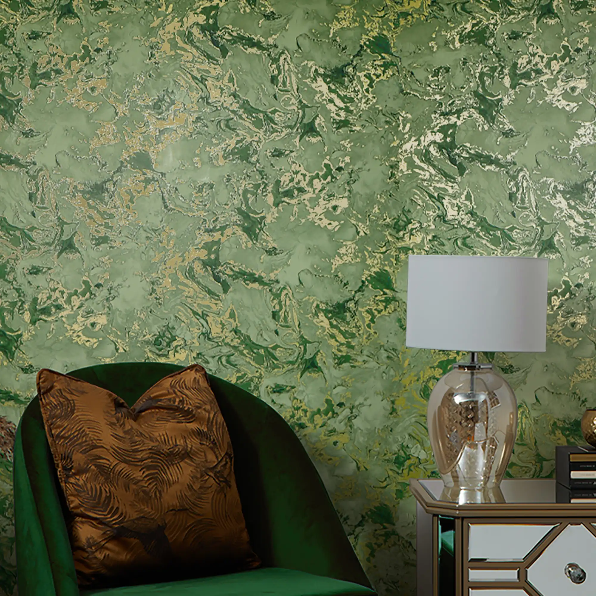 Liquid Marble Wallpaper in Olive and Gold - Image 2