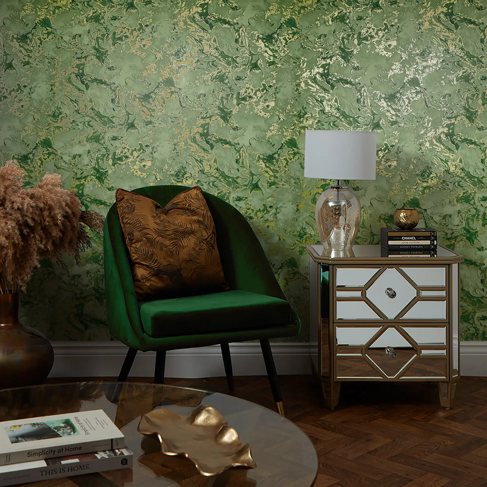 Liquid Marble Wallpaper in Olive and Gold - Image 3