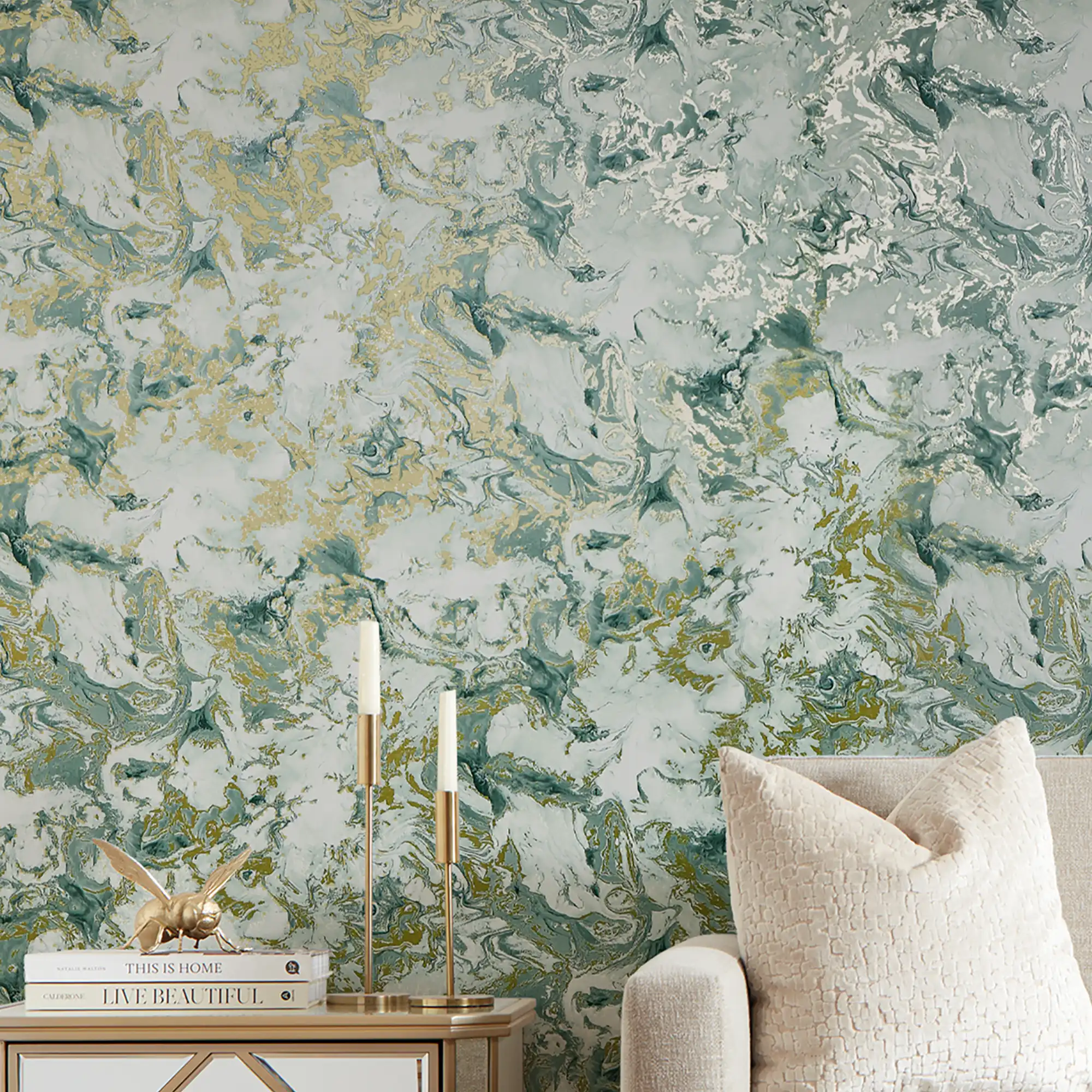 Liquid Marble Wallpaper in Sage and Gold - Image 2