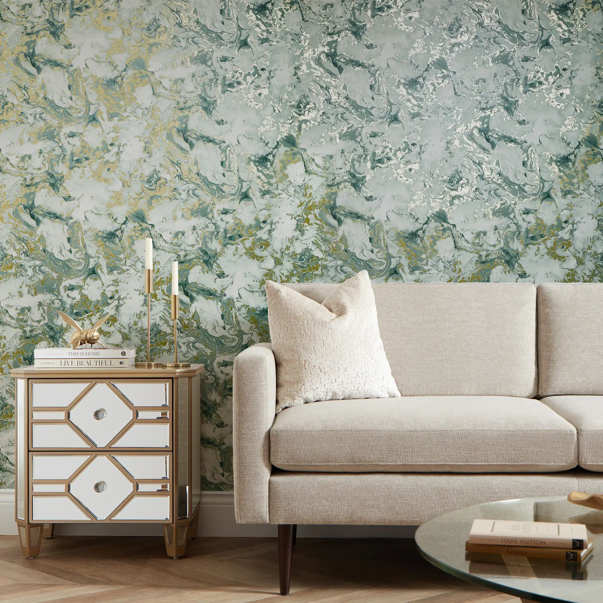 Liquid Marble Wallpaper in Sage and Gold - Image 3