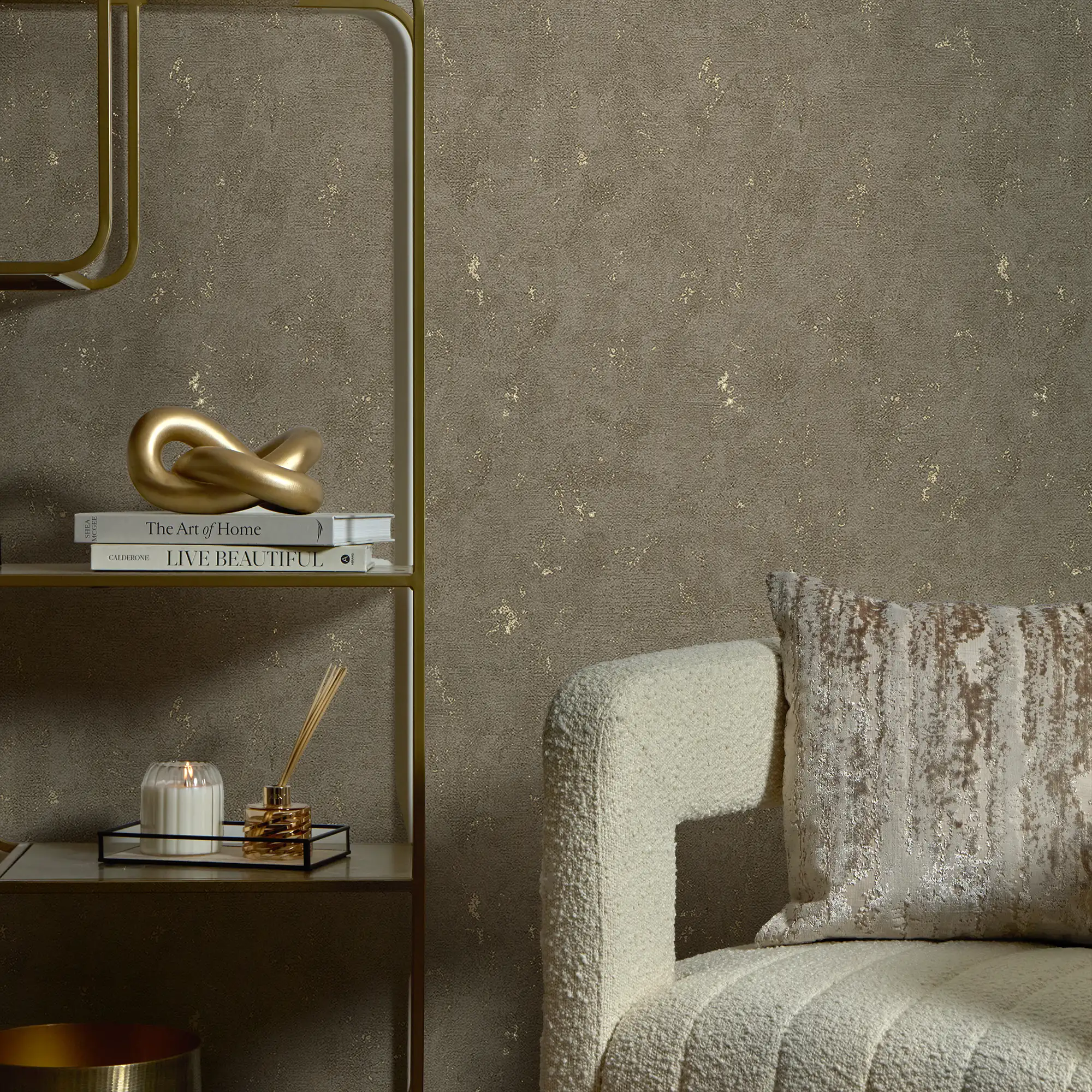 Malmo Wallpaper in Mocha with Gold Metallic - Image 2
