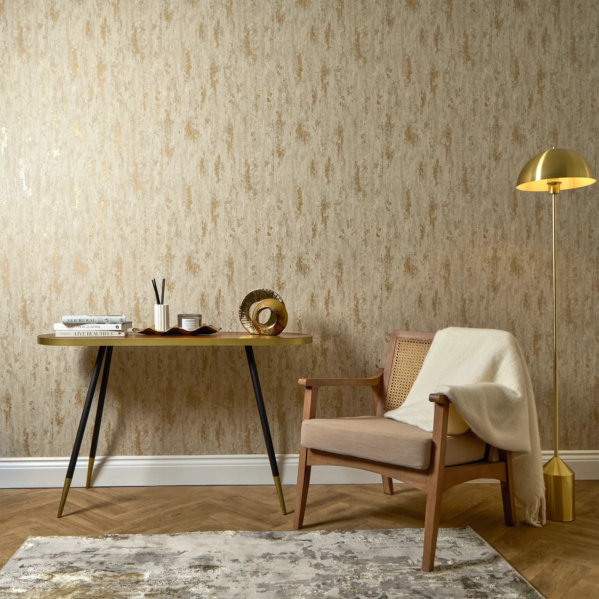 Manhattan Modern Wallpaper in Oatmeal and Gold - Image 2