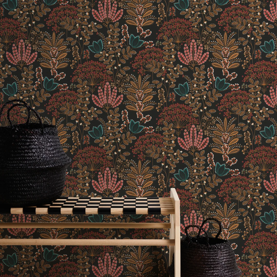 Midnight Botanicals Multicoloured Wallpaper on Charcoal - Image 2