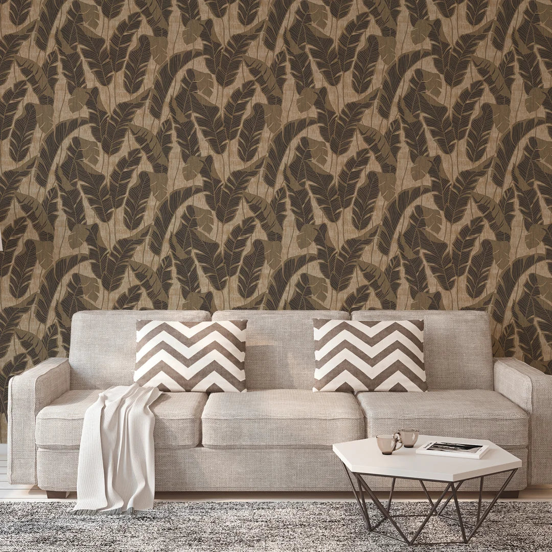 Midnight Leaves Wallpaper in Brown on Beige - Image 2