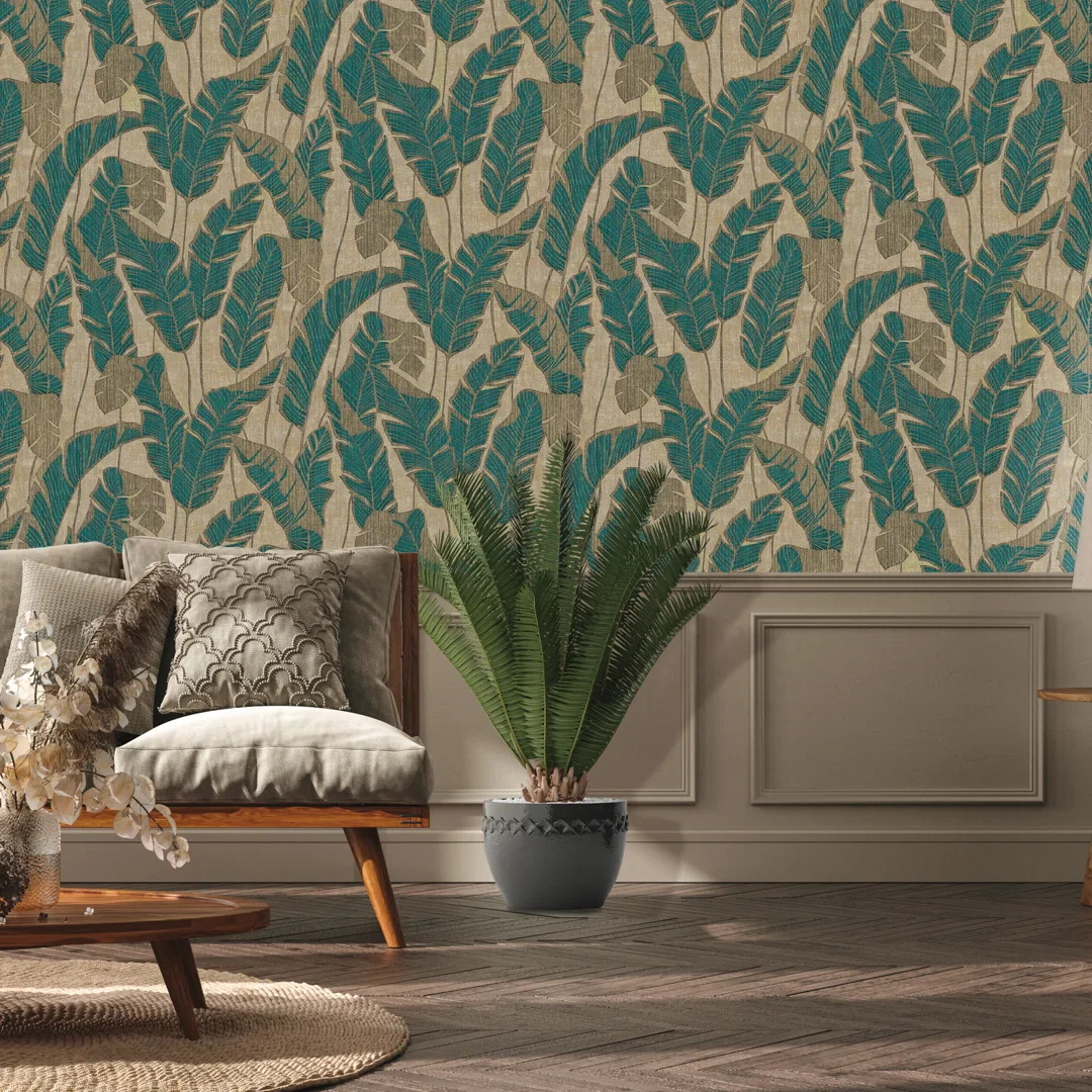 Midnight Leaves Wallpaper in Teal on Gold - Image 2