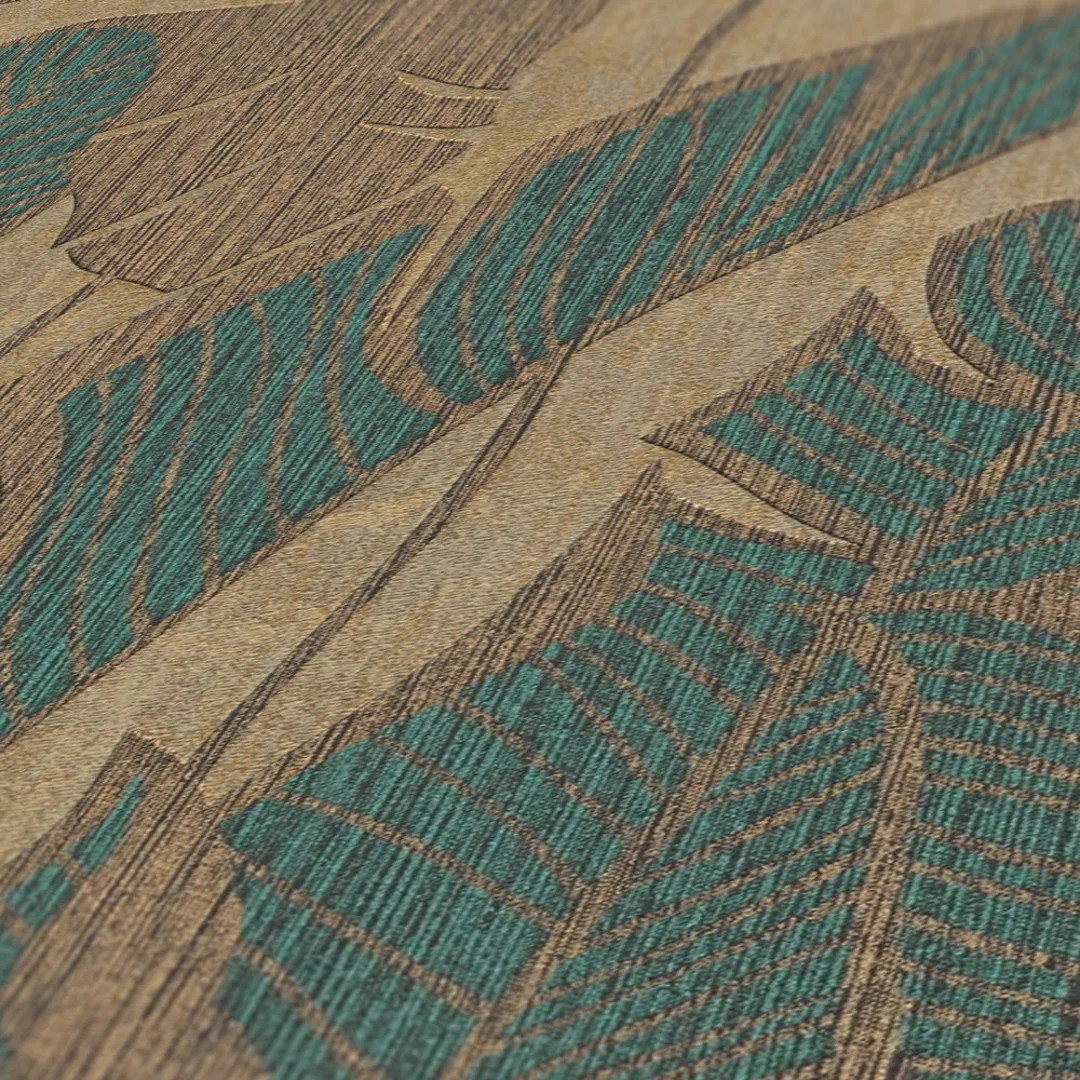 Midnight Leaves Wallpaper in Teal on Gold - Image 3