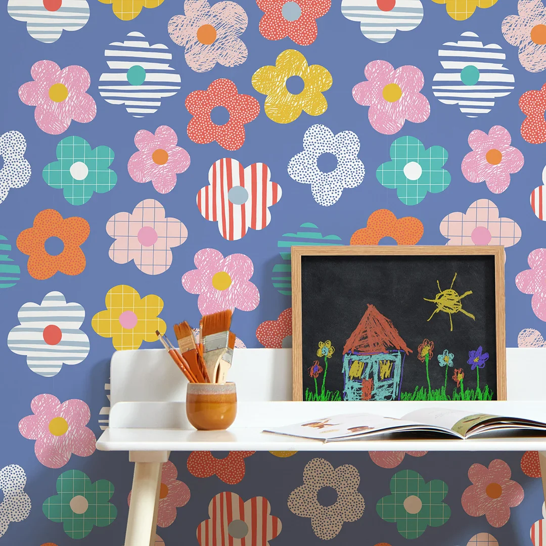 Miss Daisy Wallpaper in Multicoloured Brights on Blue - Image 3