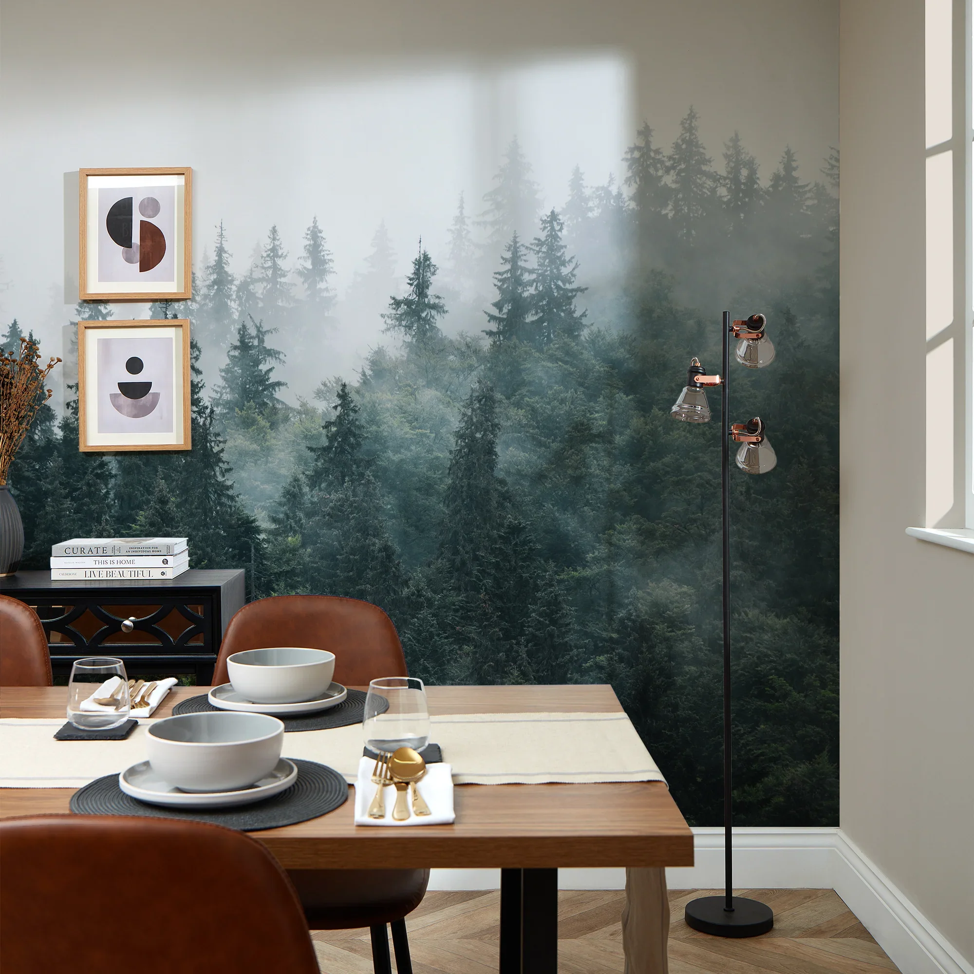 Misty Trees Fall Wall Mural in Green and Grey - Image 2