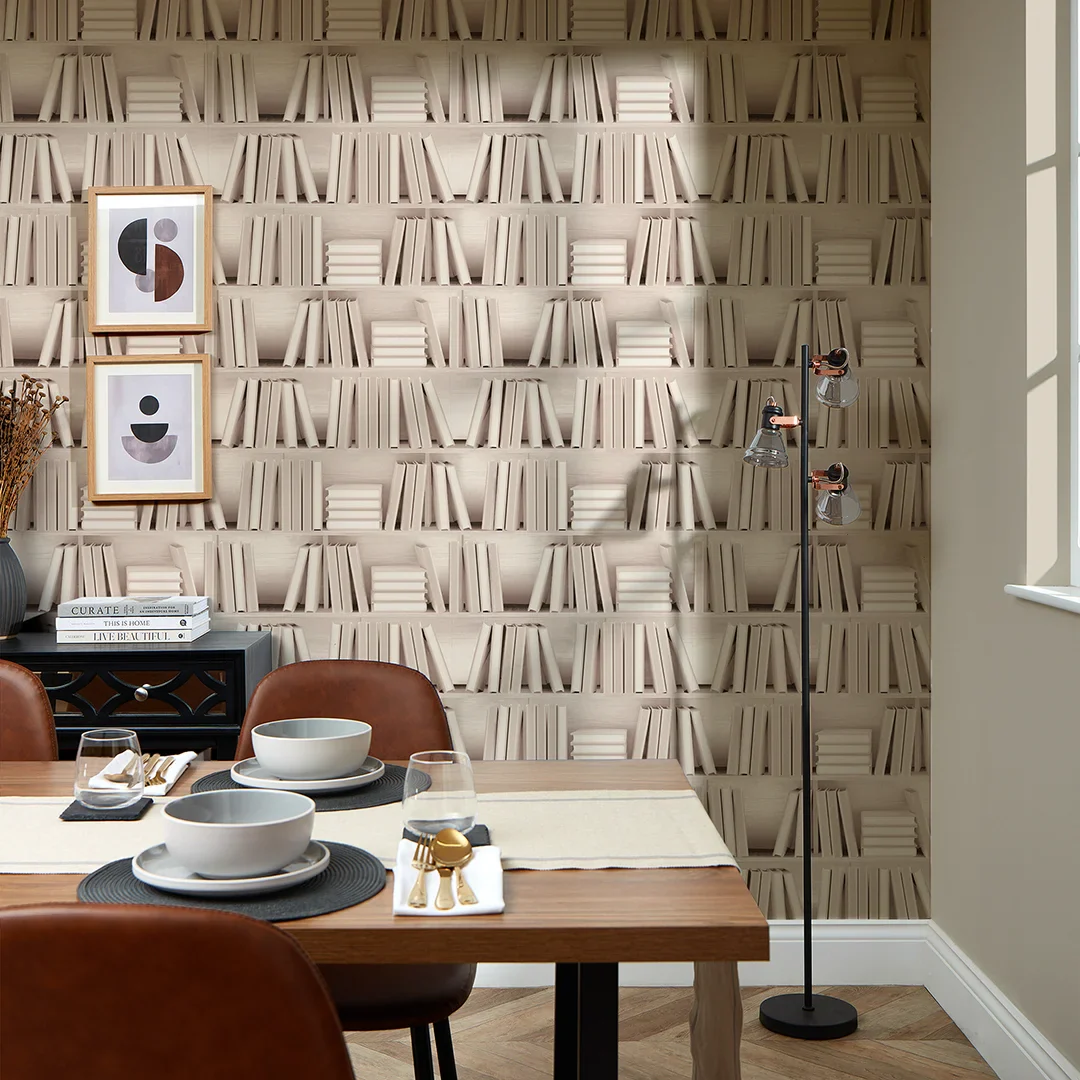 Modern Library Wallpaper in Cream - Image 2