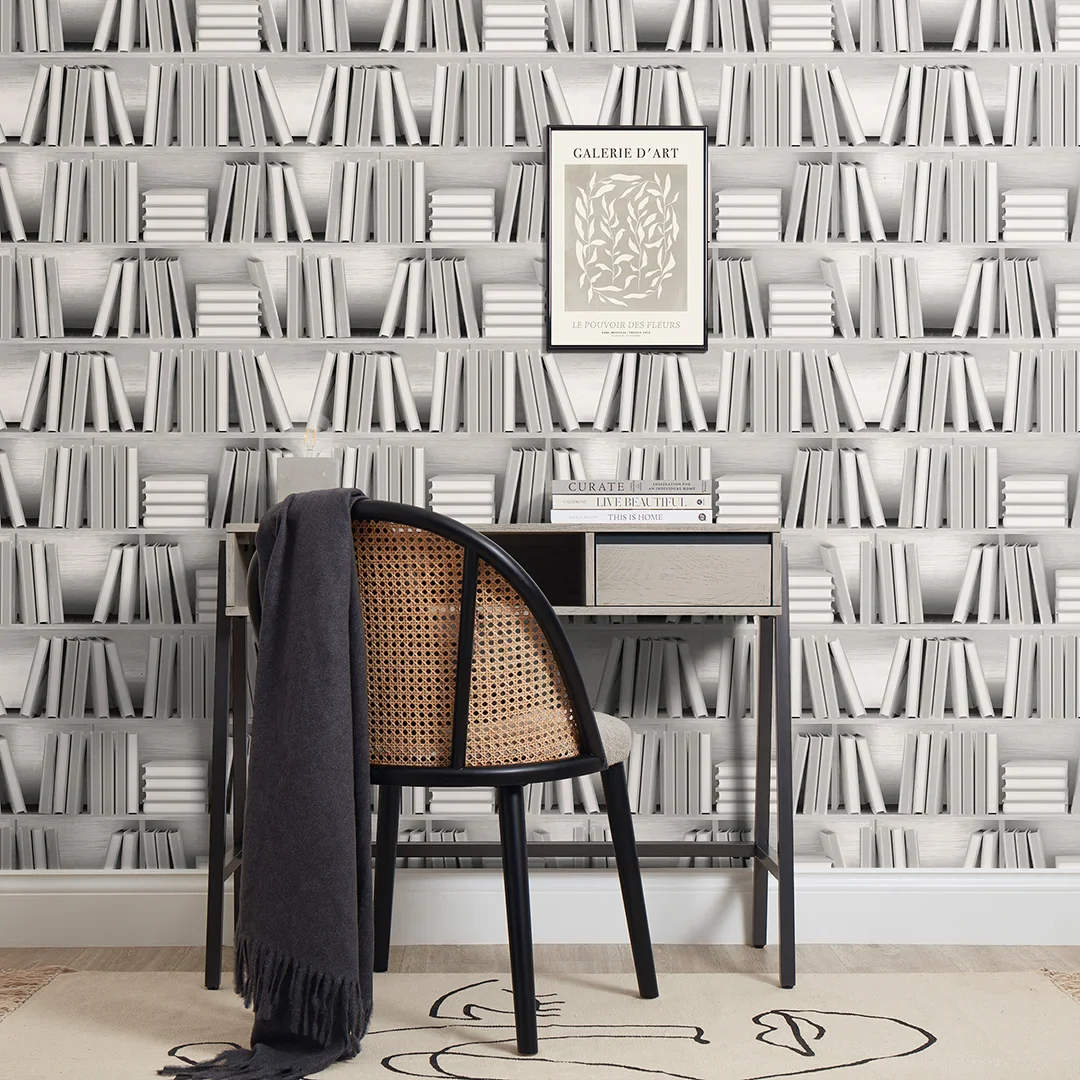 Modern Library Wallpaper in White - Image 2
