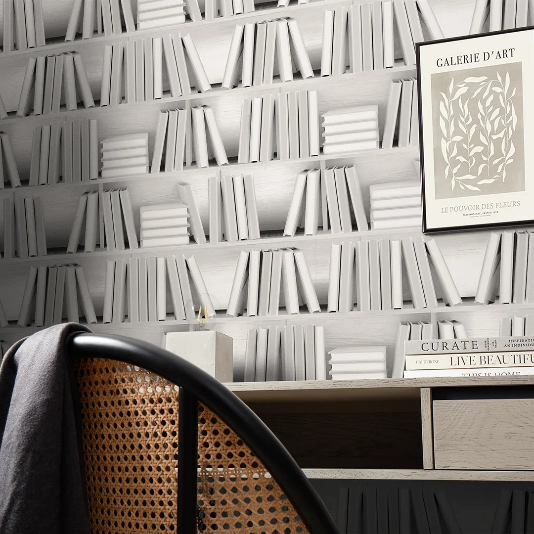 Modern Library Wallpaper in White - Image 3