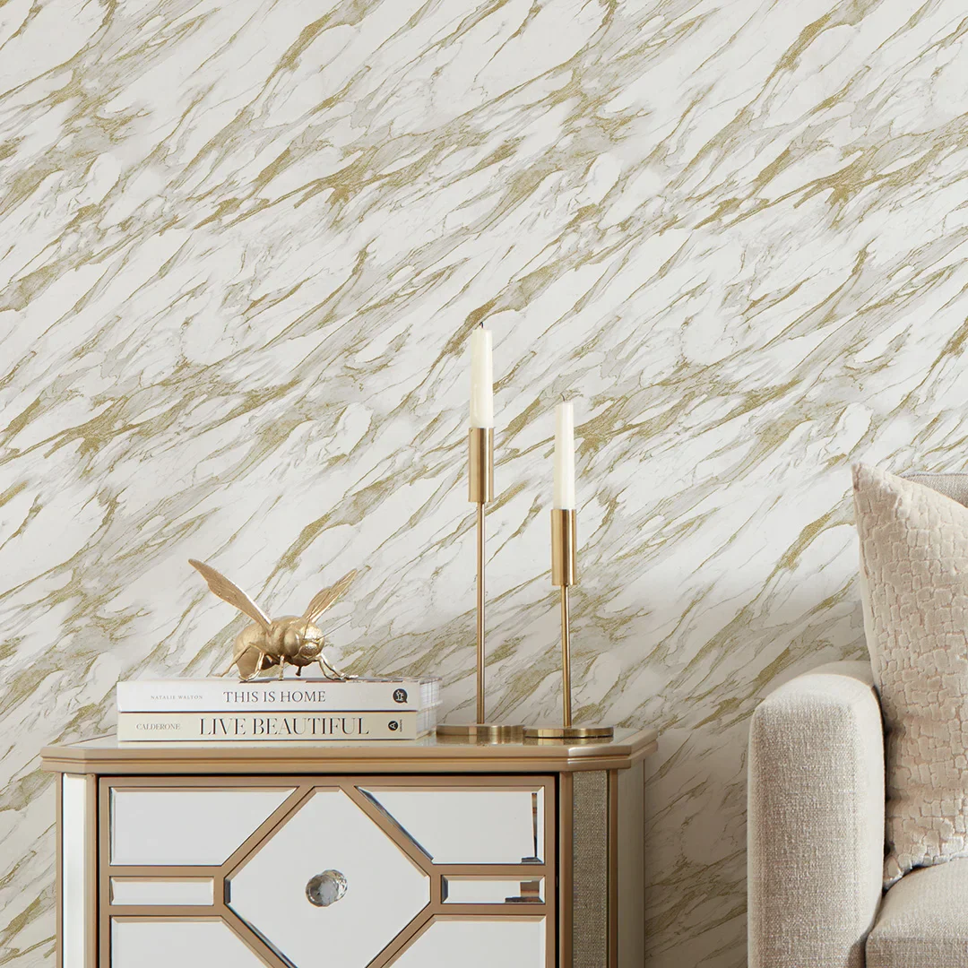 Modern Marble Wallpaper in White with Gold Effect - Image 3