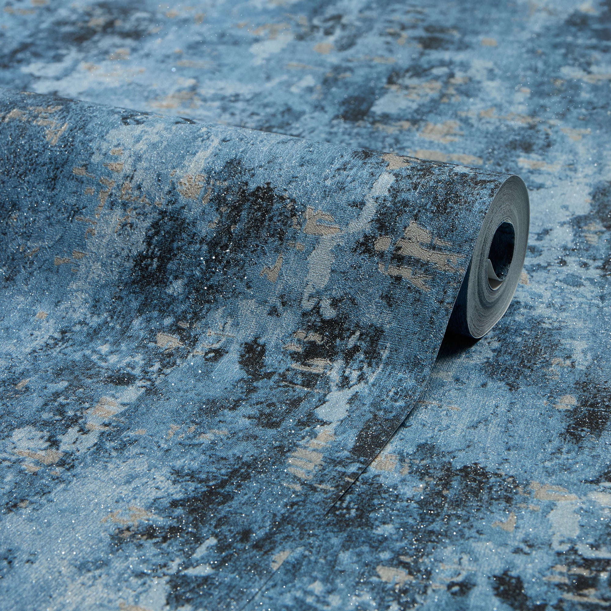 Nagano Wallpaper in Blue and Charcoal with Gold Metallic - Image 2