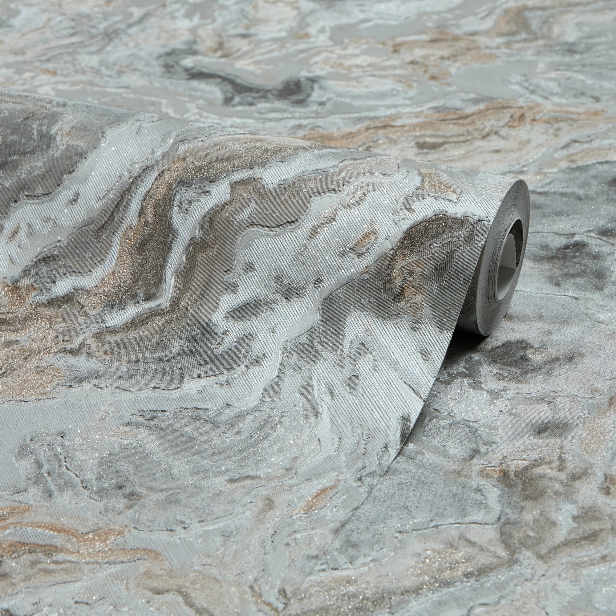 Nakura Wallpaper in Grey and Silver with Bronze Metallic - Image 2