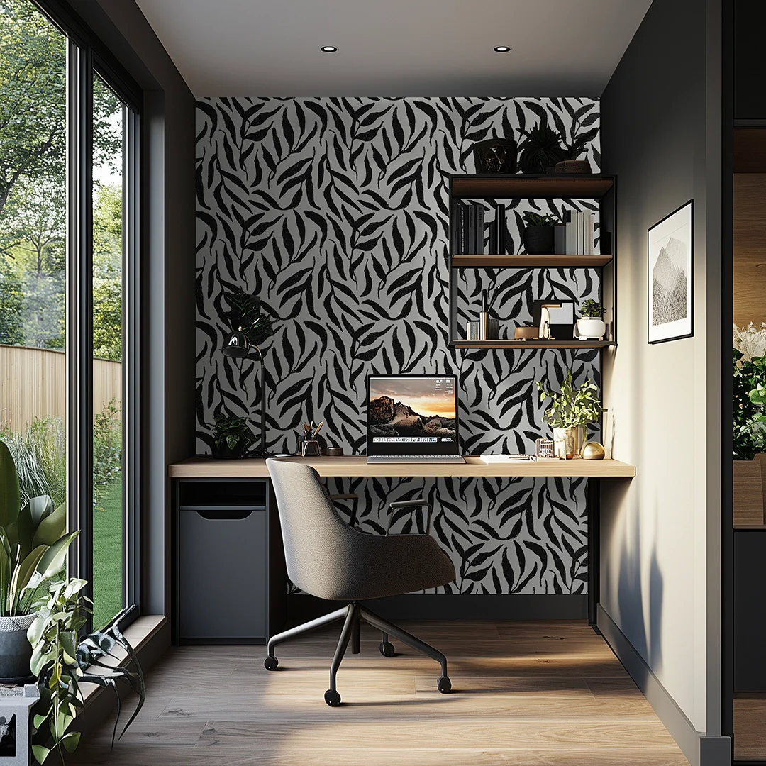 Olive Leaf Wallpaper in Charcoal on White - Image 2