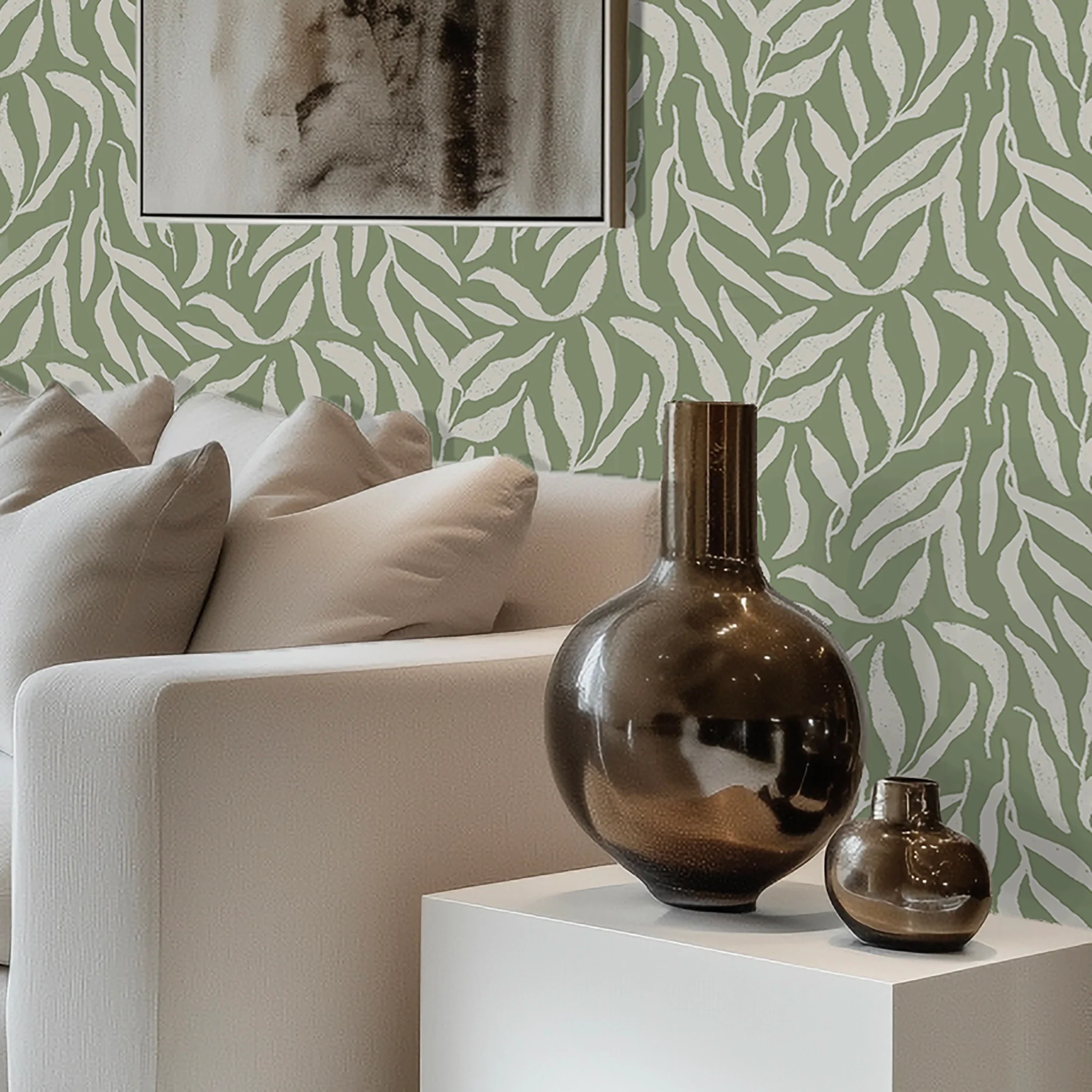 Olive Leaf Wallpaper in Cream on Pistachio - Image 2