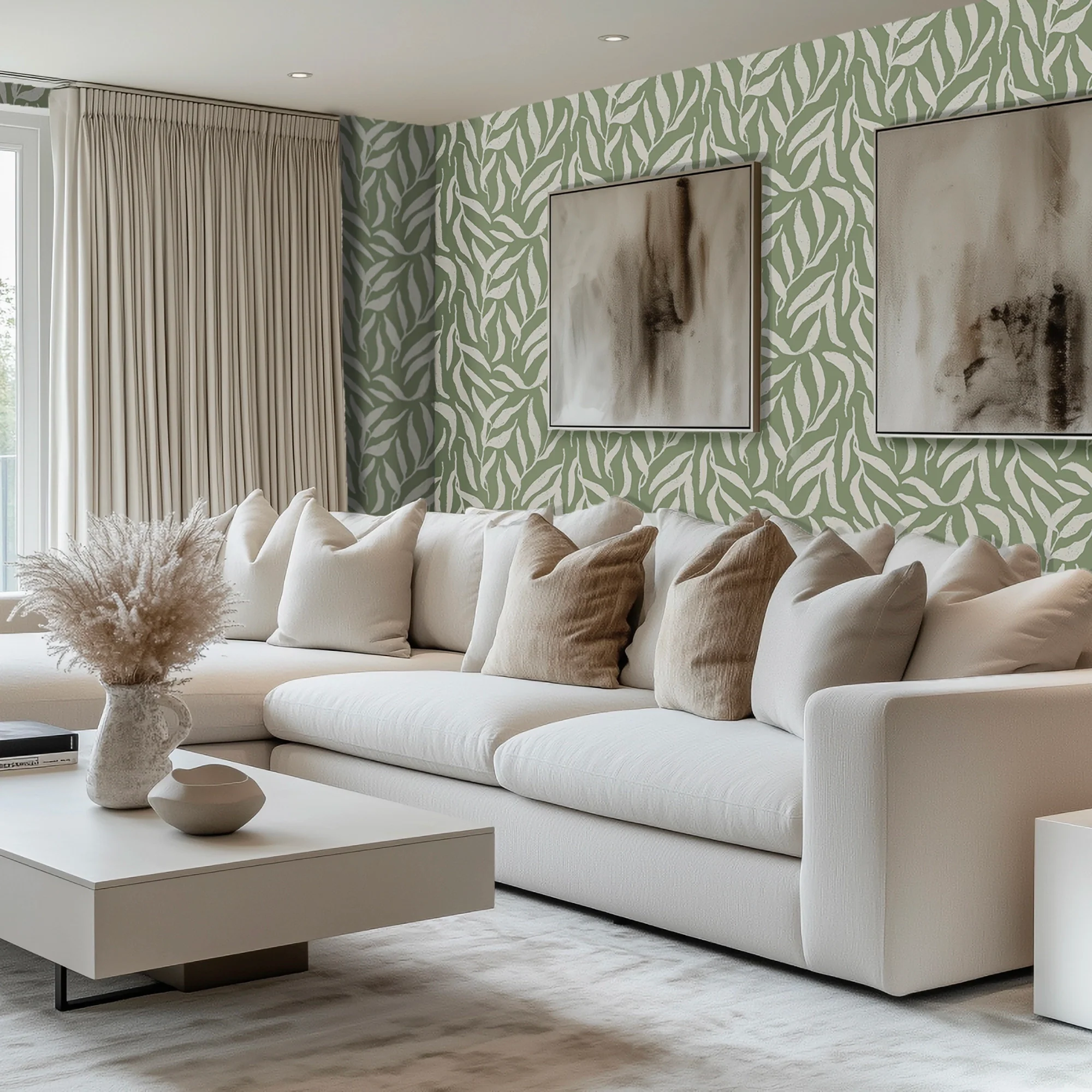 Olive Leaf Wallpaper in Cream on Pistachio - Image 3