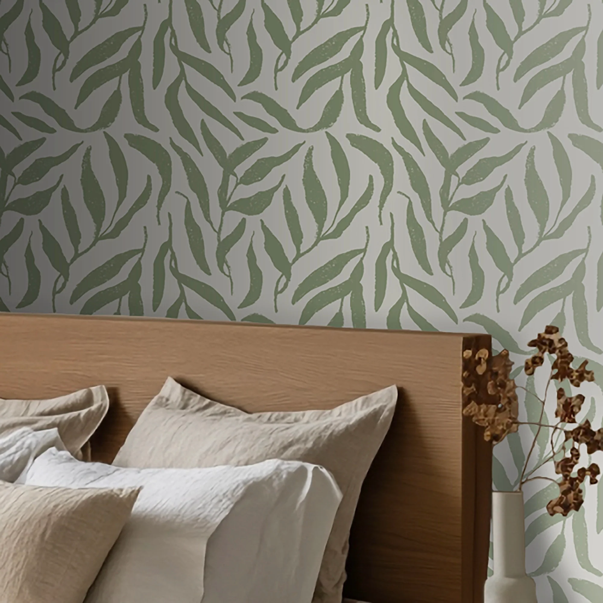Olive Leaf Wallpaper in Pistachio on Cream - Image 2