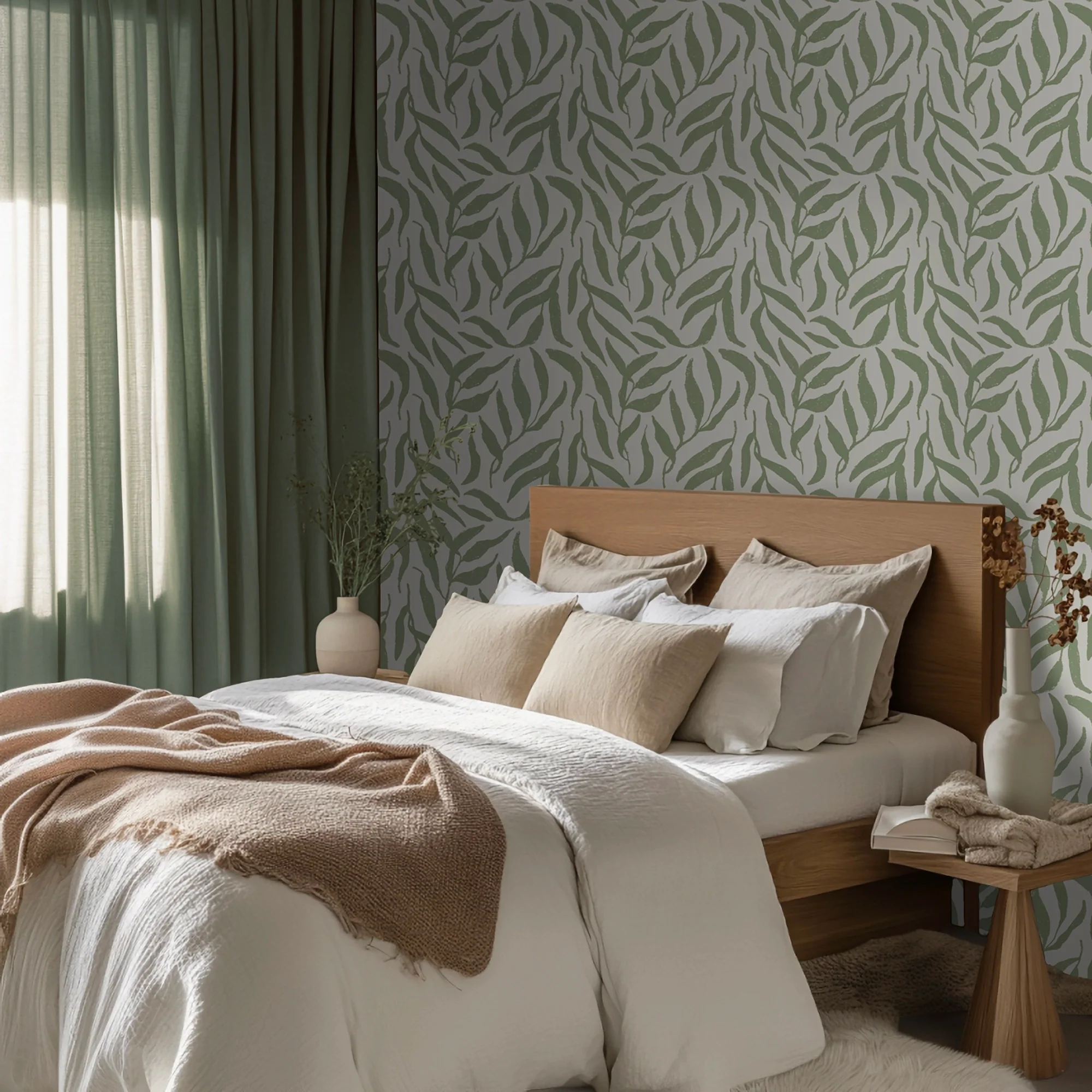 Olive Leaf Wallpaper in Pistachio on Cream - Image 3