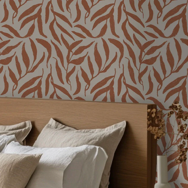 Olive Leaf Wallpaper in Terracotta on Cream - Image 2