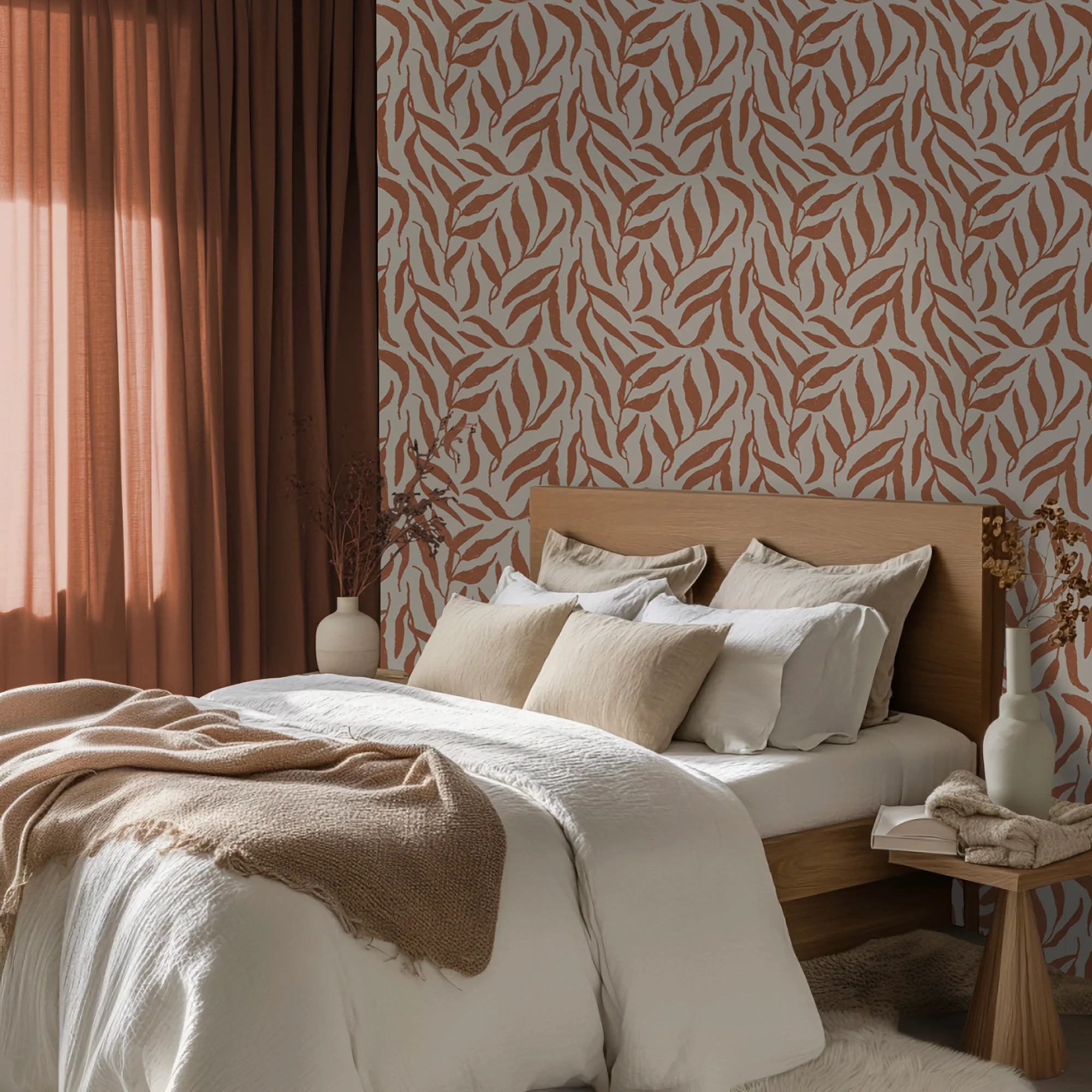 Olive Leaf Wallpaper in Terracotta on Cream - Image 3