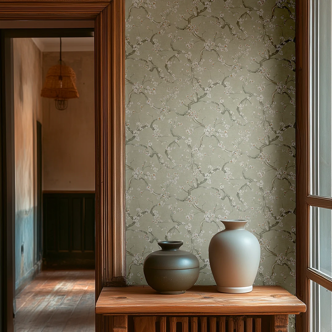 Oriental Blossom Wallpaper in Sage Green - Image 2