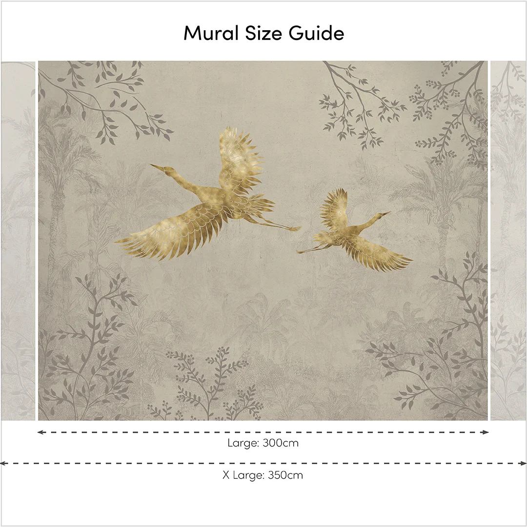 Oriental Cranes Full Wall Mural in Stone with Gold Effect - Image 3