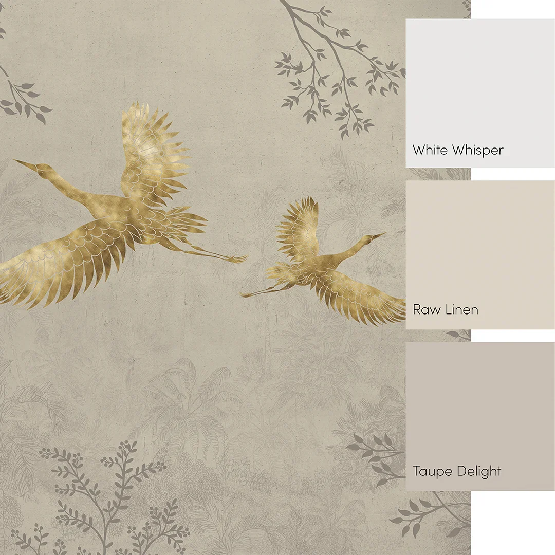 Oriental Cranes Full Wall Mural in Stone with Gold Effect - Image 4