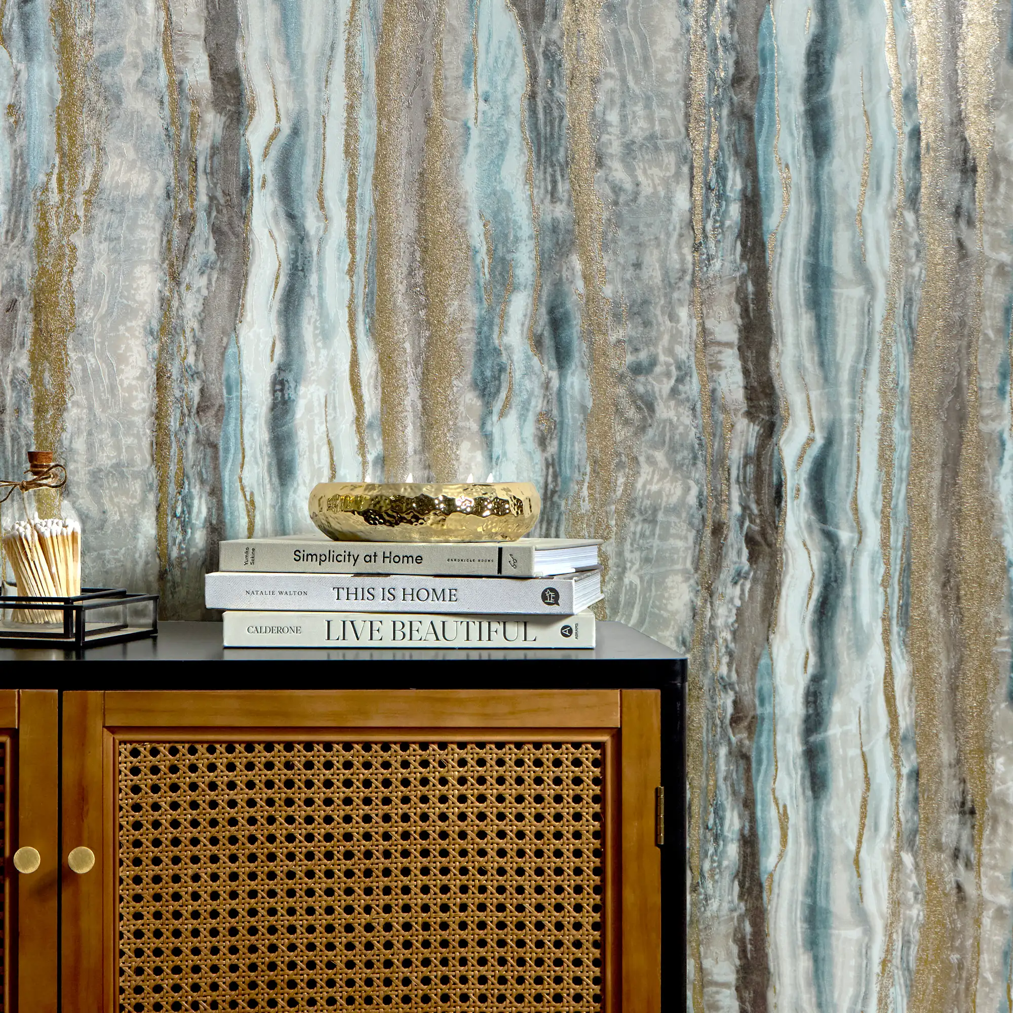 Oslo Wallpaper in Blue and Brown with Gold Metallic - Image 2
