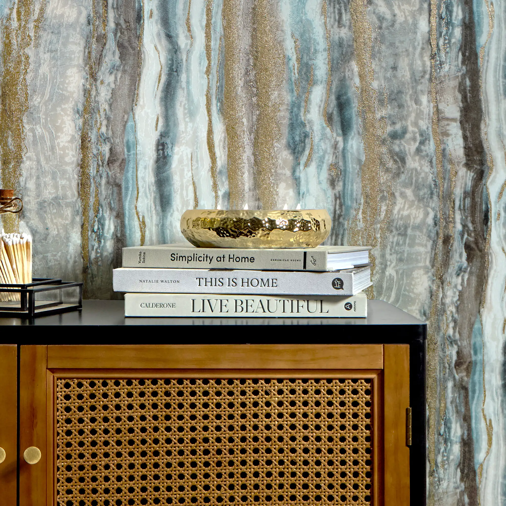 Oslo Wallpaper in Blue and Brown with Gold Metallic - Image 3
