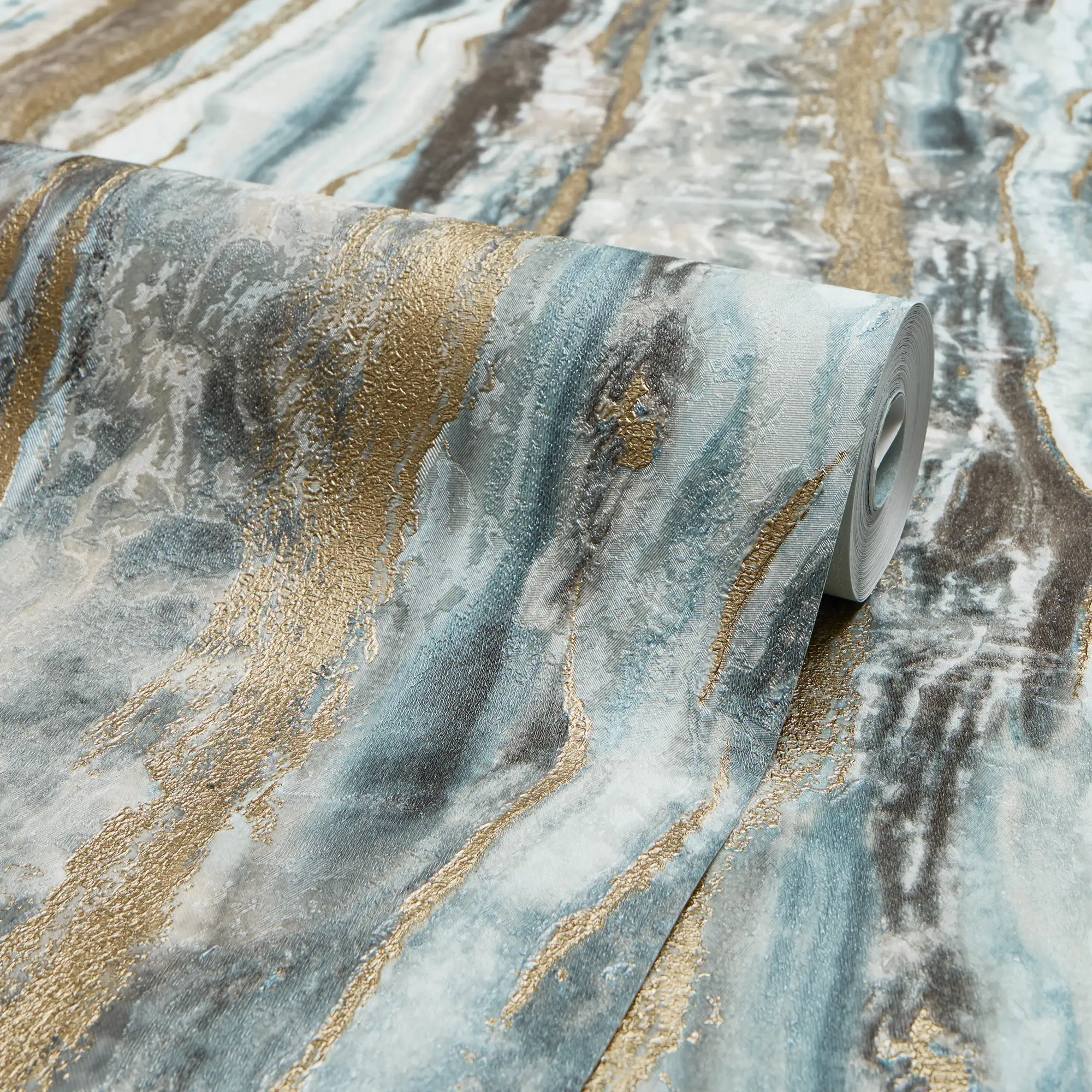 Oslo Wallpaper in Blue and Brown with Gold Metallic - Image 4