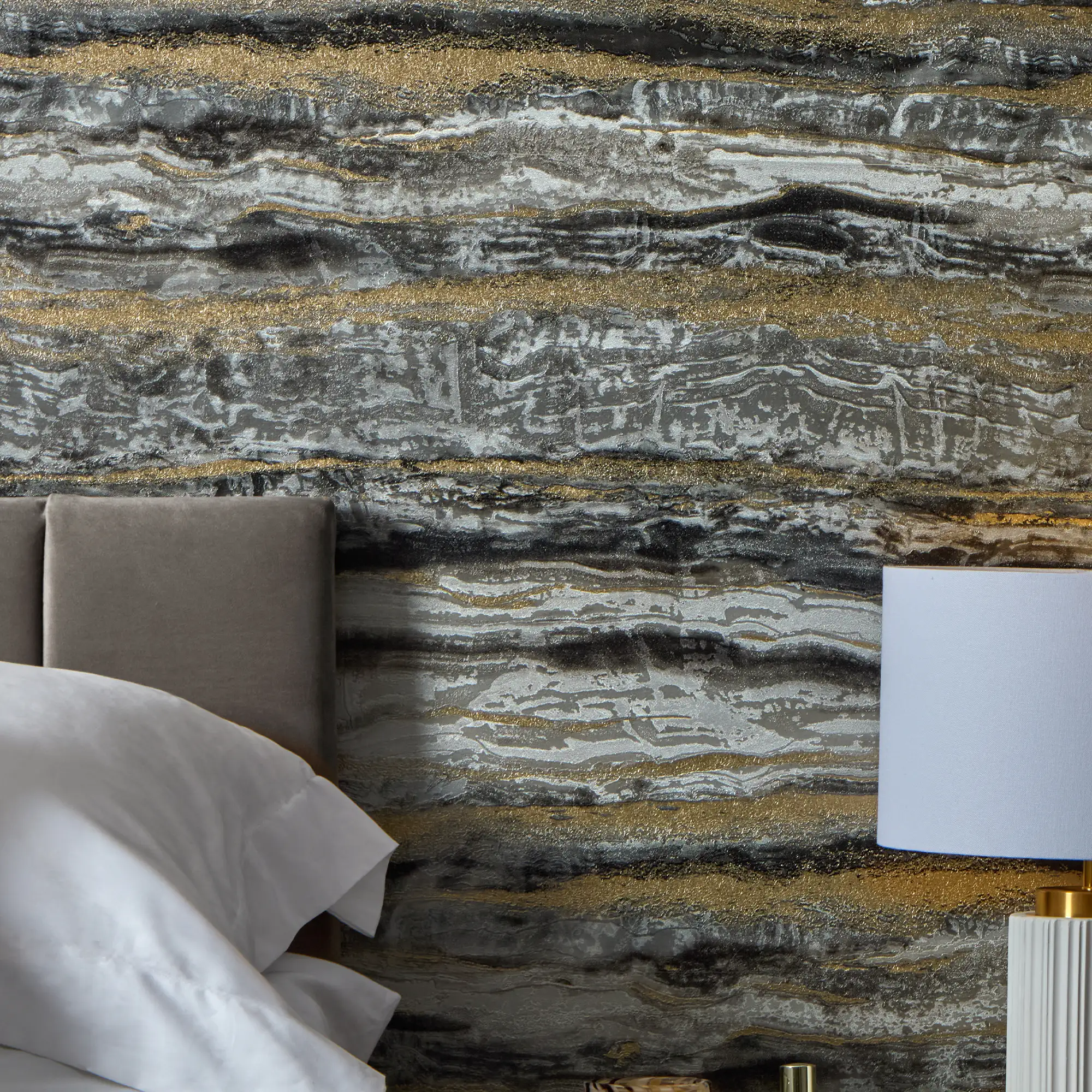 Oslo Wallpaper in Charcoal and Black with Gold Metallic - Image 3