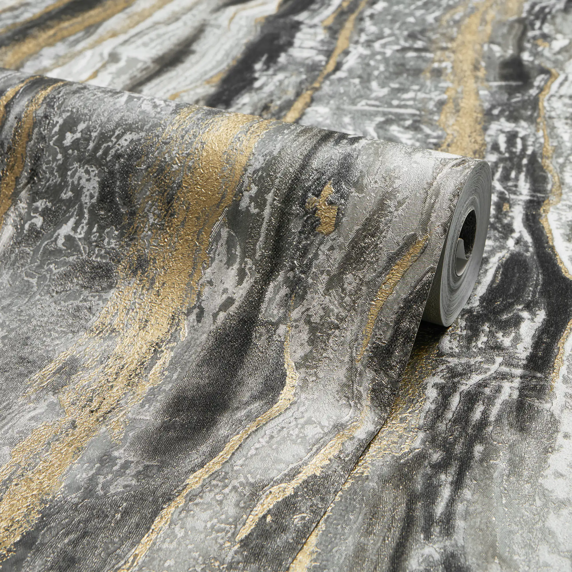 Oslo Wallpaper in Charcoal and Black with Gold Metallic - Image 4