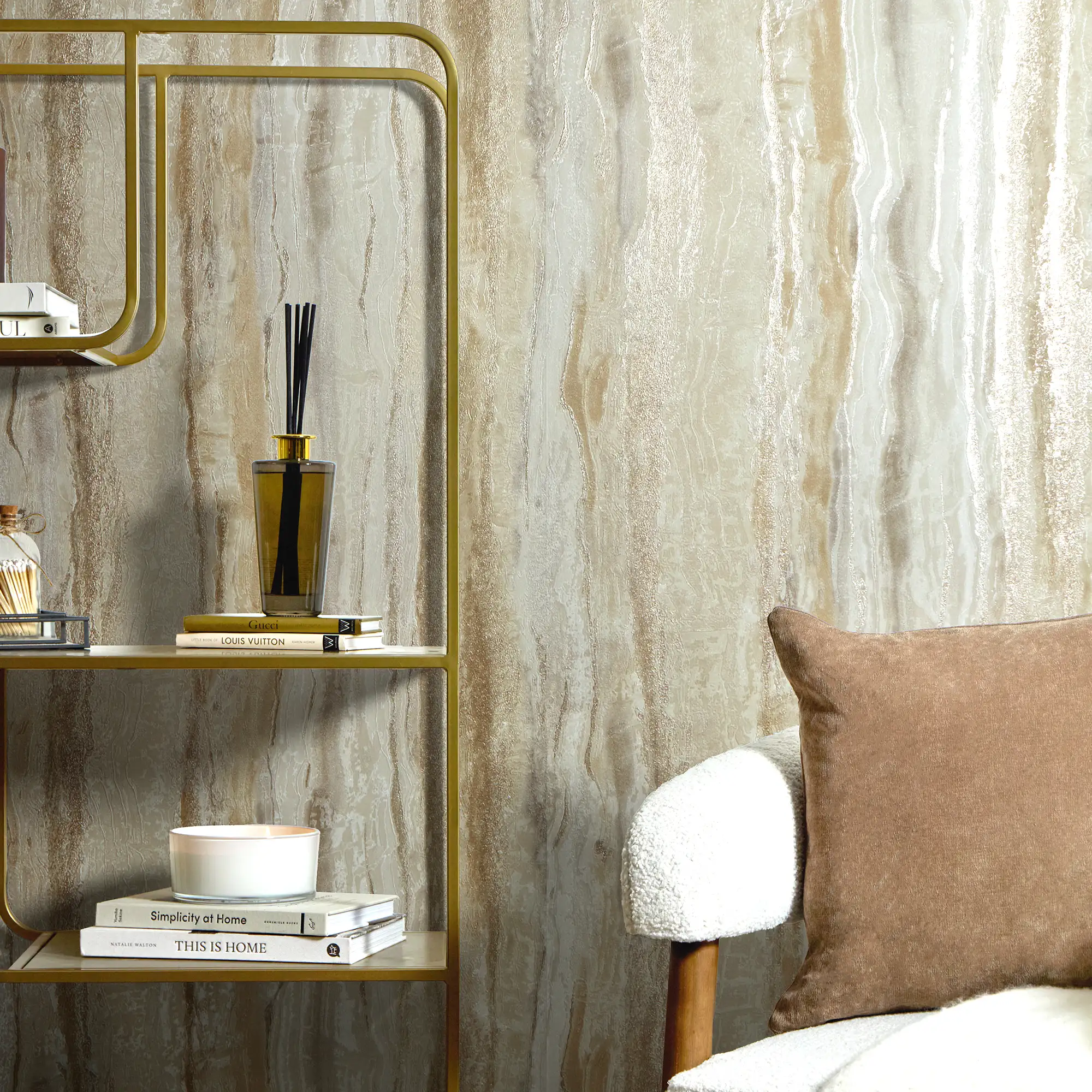 Oslo Wallpaper in Cream and Gold with Gold and Silver Metallic - Image 2