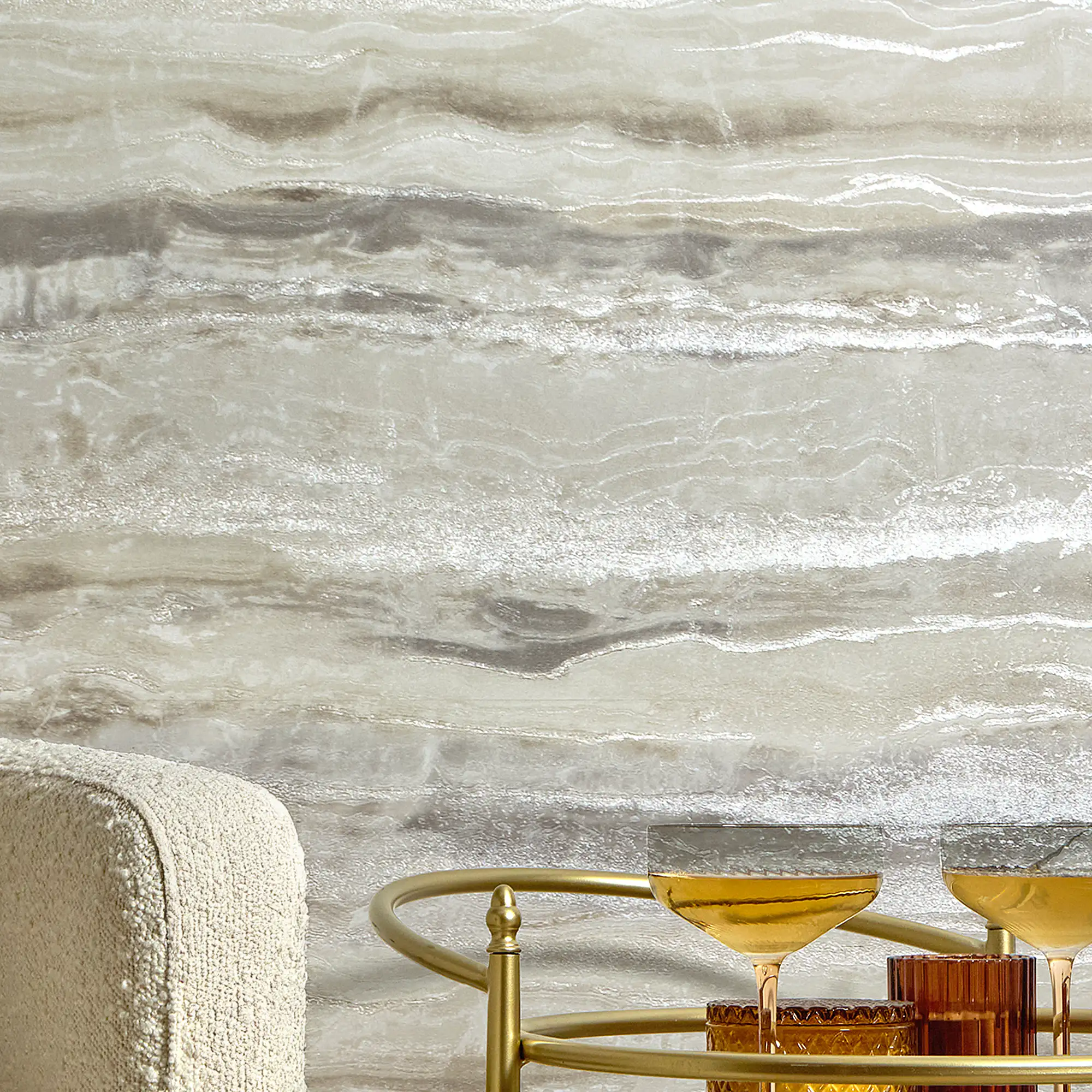 Oslo Wallpaper in Cream and Silver with Silver Metallic - Image 3