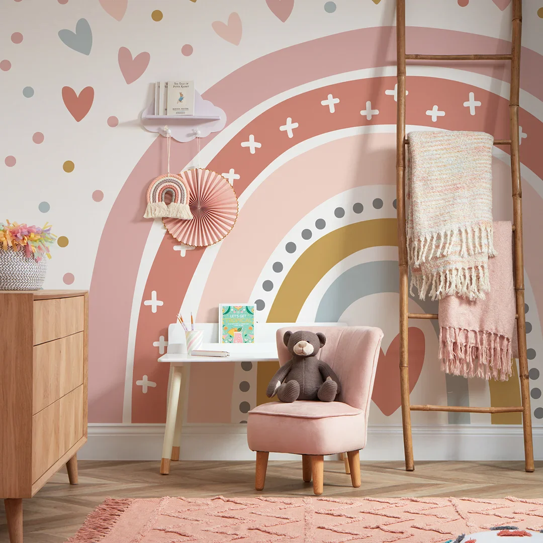 Over The Rainbow Full Wall Mural in Pink, Ochre and Blue - Image 2