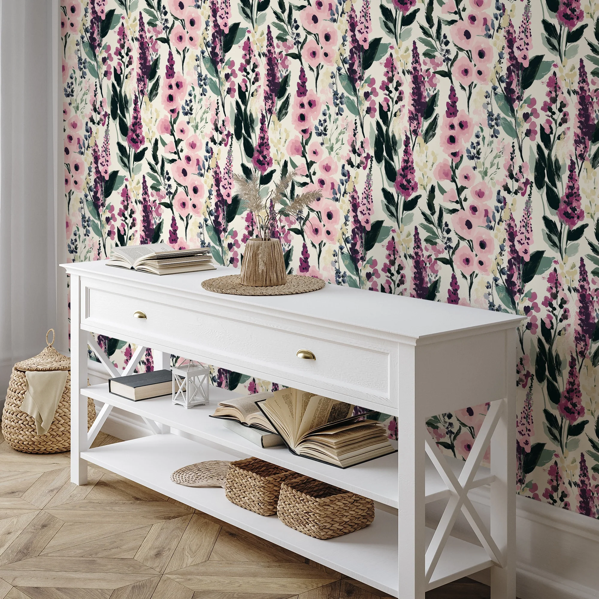 Painted Petals Wallpaper in Pinks on Cream - Image 2