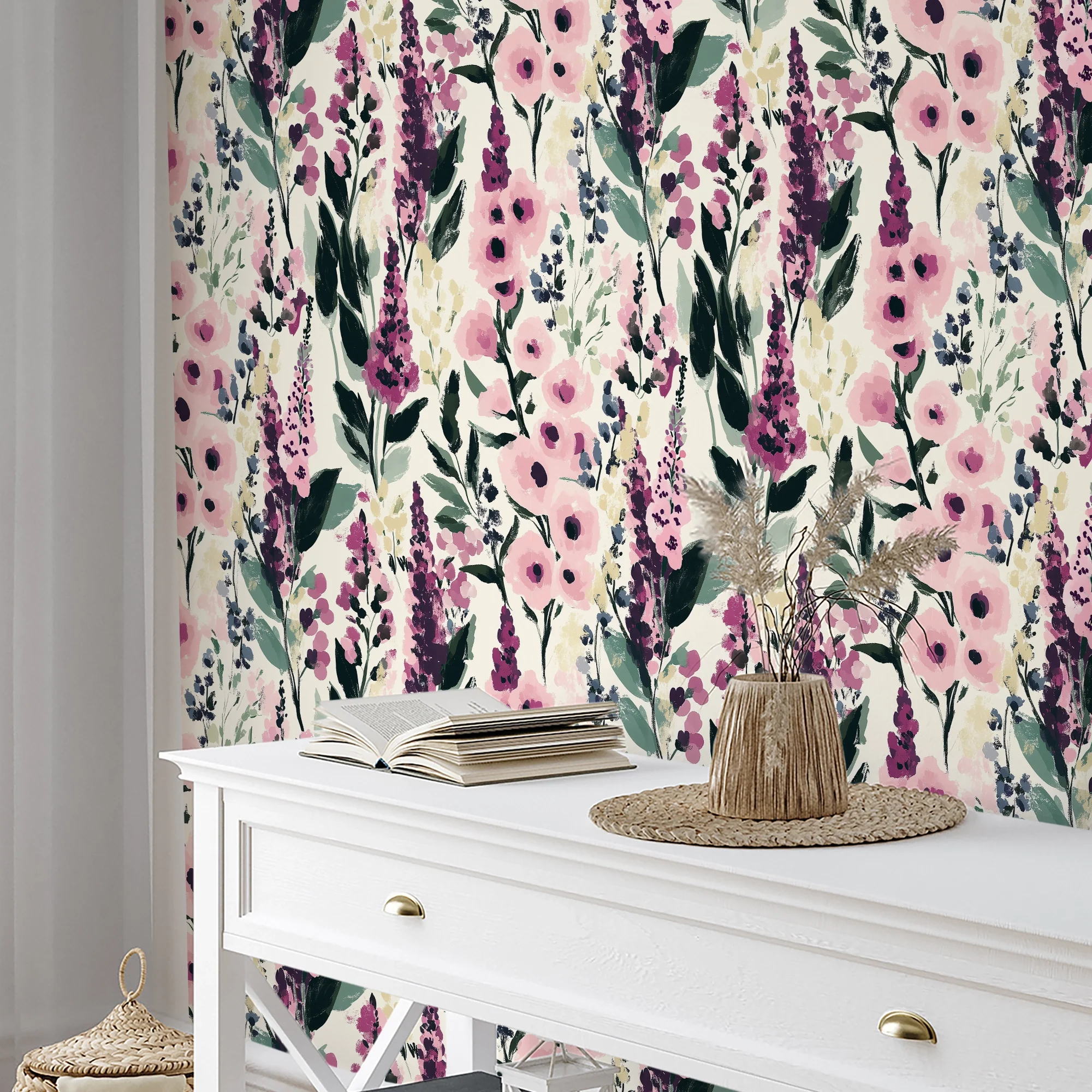 Painted Petals Wallpaper in Pinks on Cream - Image 3