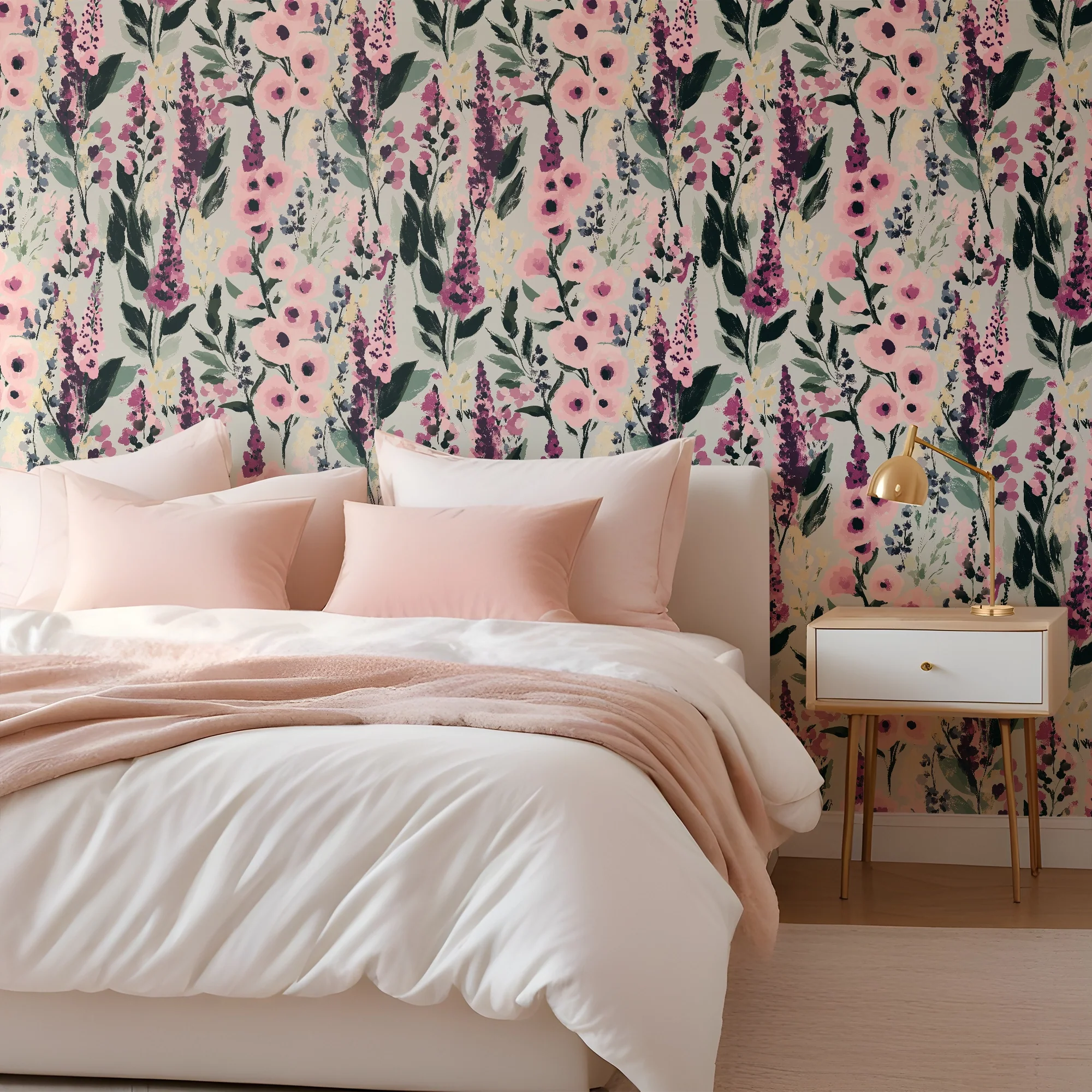 Painted Petals Wallpaper in Pinks on Sage - Image 2