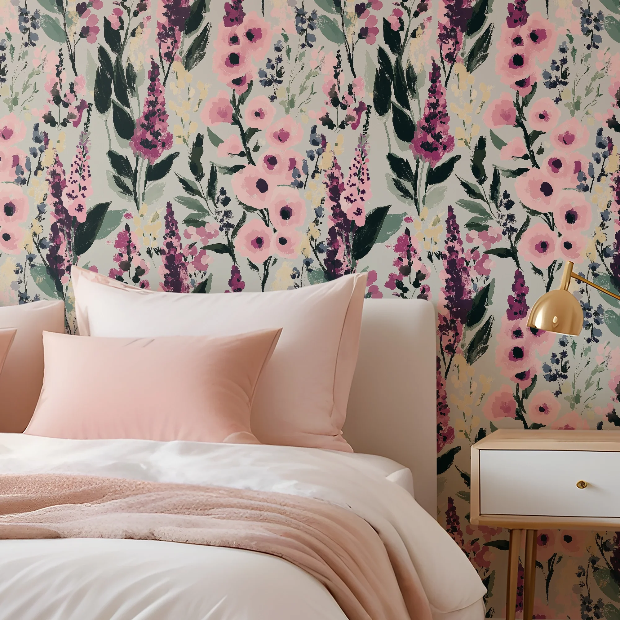 Painted Petals Wallpaper in Pinks on Sage - Image 3