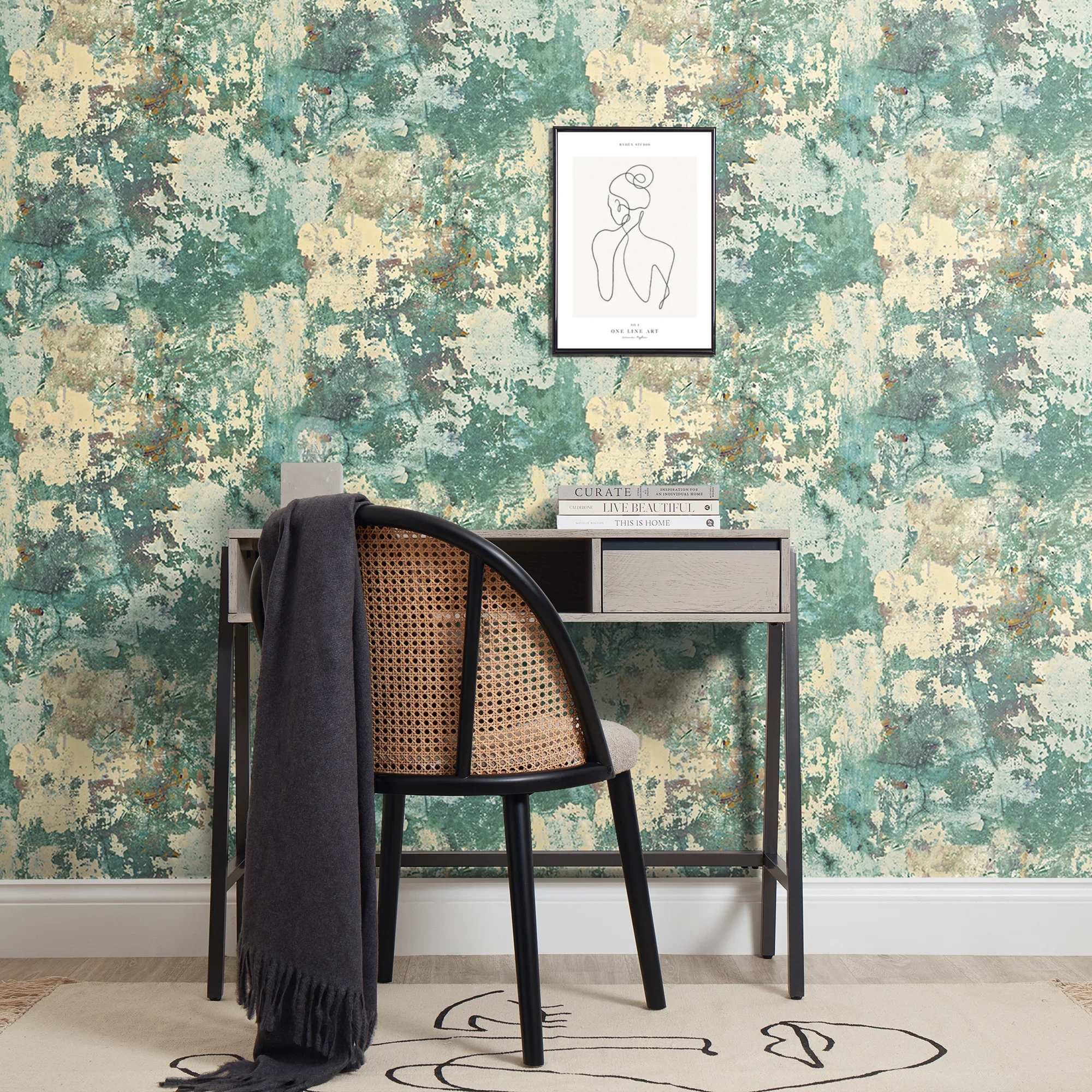 Patina Concrete Effect Wallpaper in Teal and Ochre - Image 2