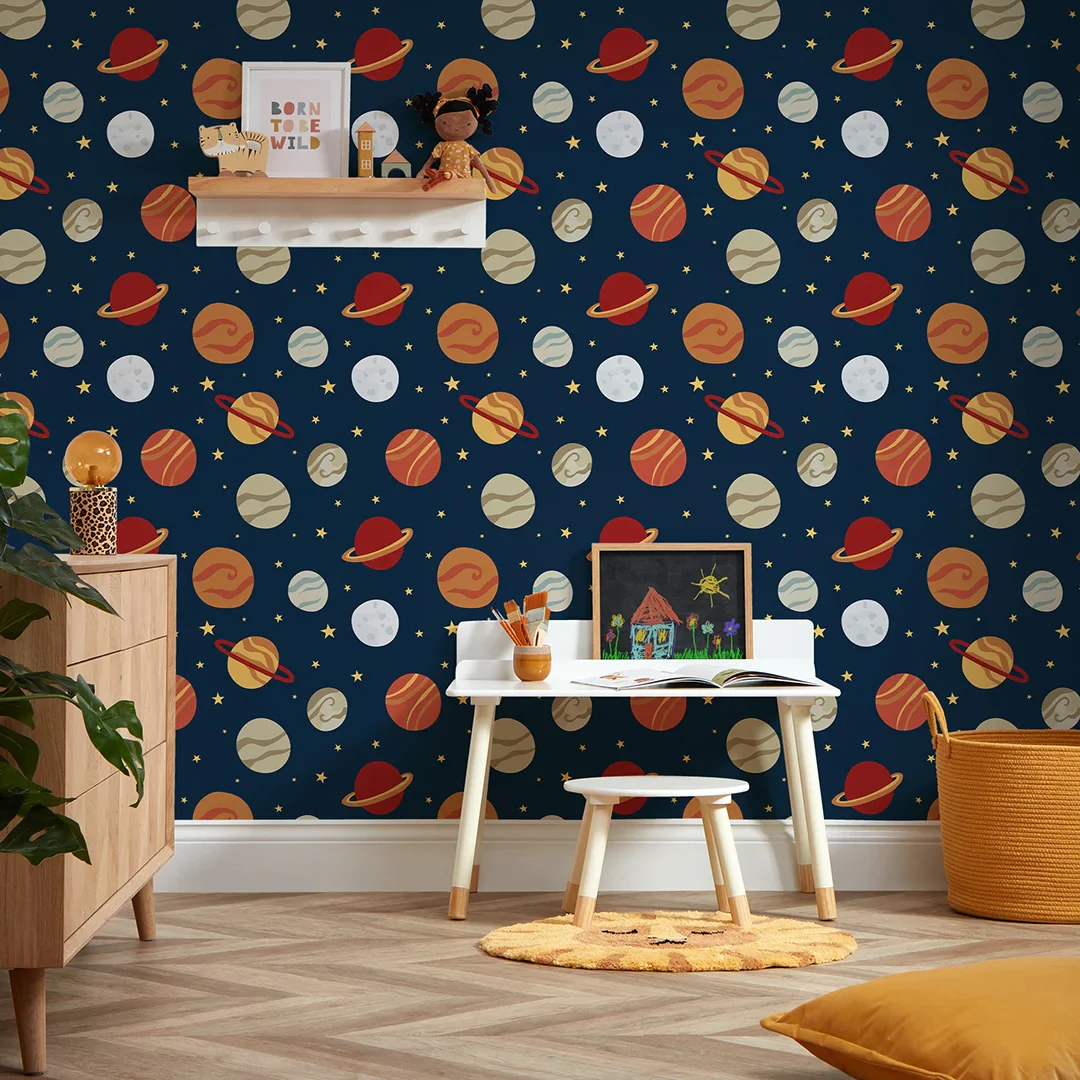 Playful Planets Wallpaper in Warm Tones on Navy - Image 2