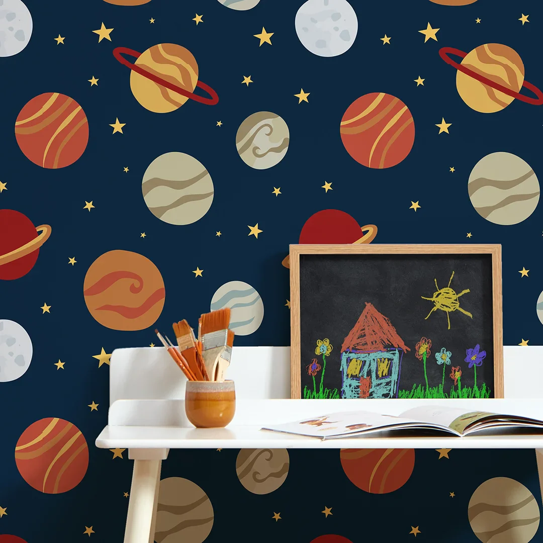 Playful Planets Wallpaper in Warm Tones on Navy - Image 3
