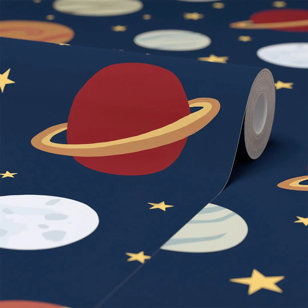 Playful Planets Wallpaper in Warm Tones on Navy - Image 4