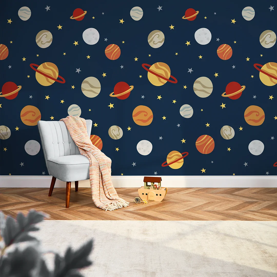 Playful Universe Wallpaper in Warm Tones on Navy - Image 2