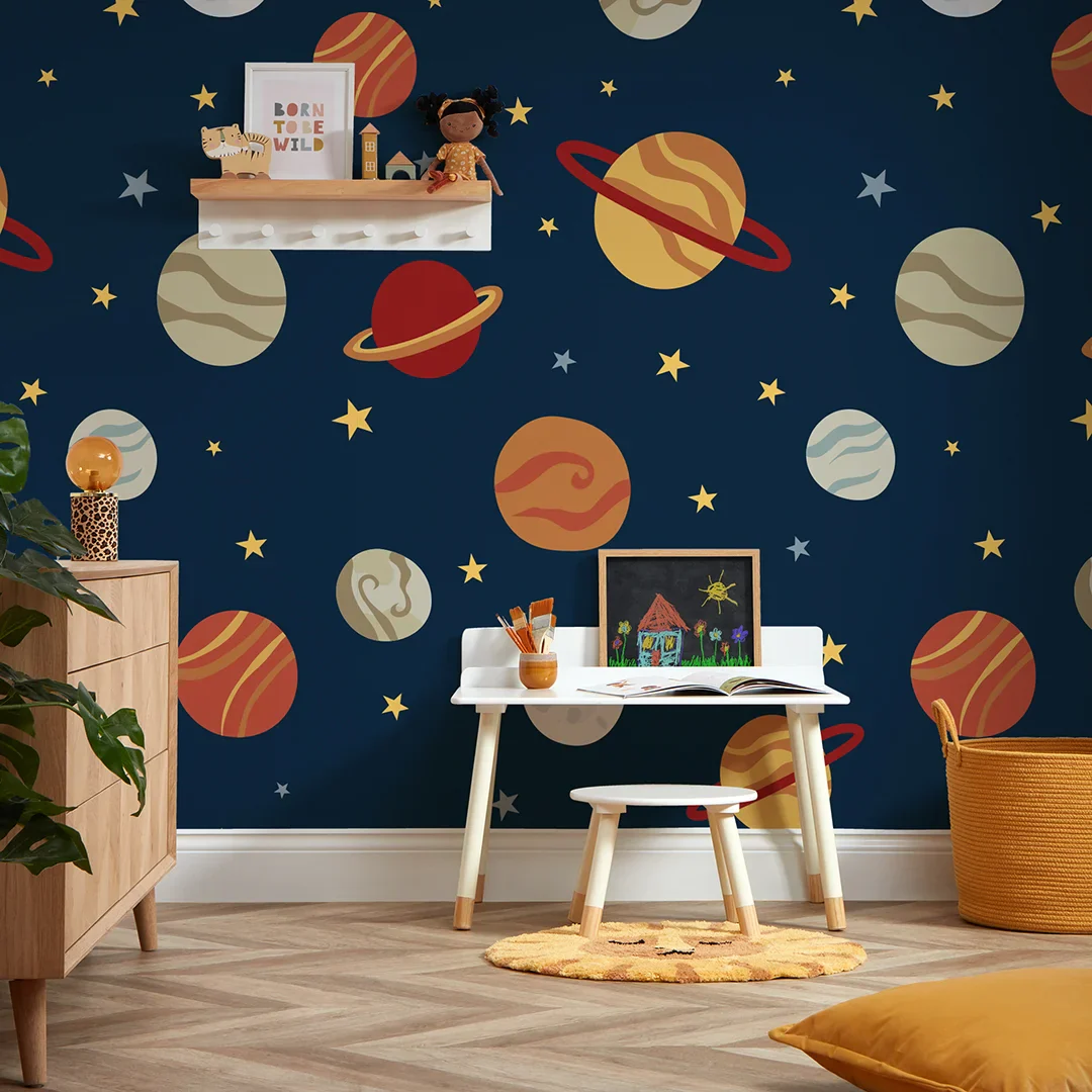 Playful Universe Wallpaper in Warm Tones on Navy - Image 3