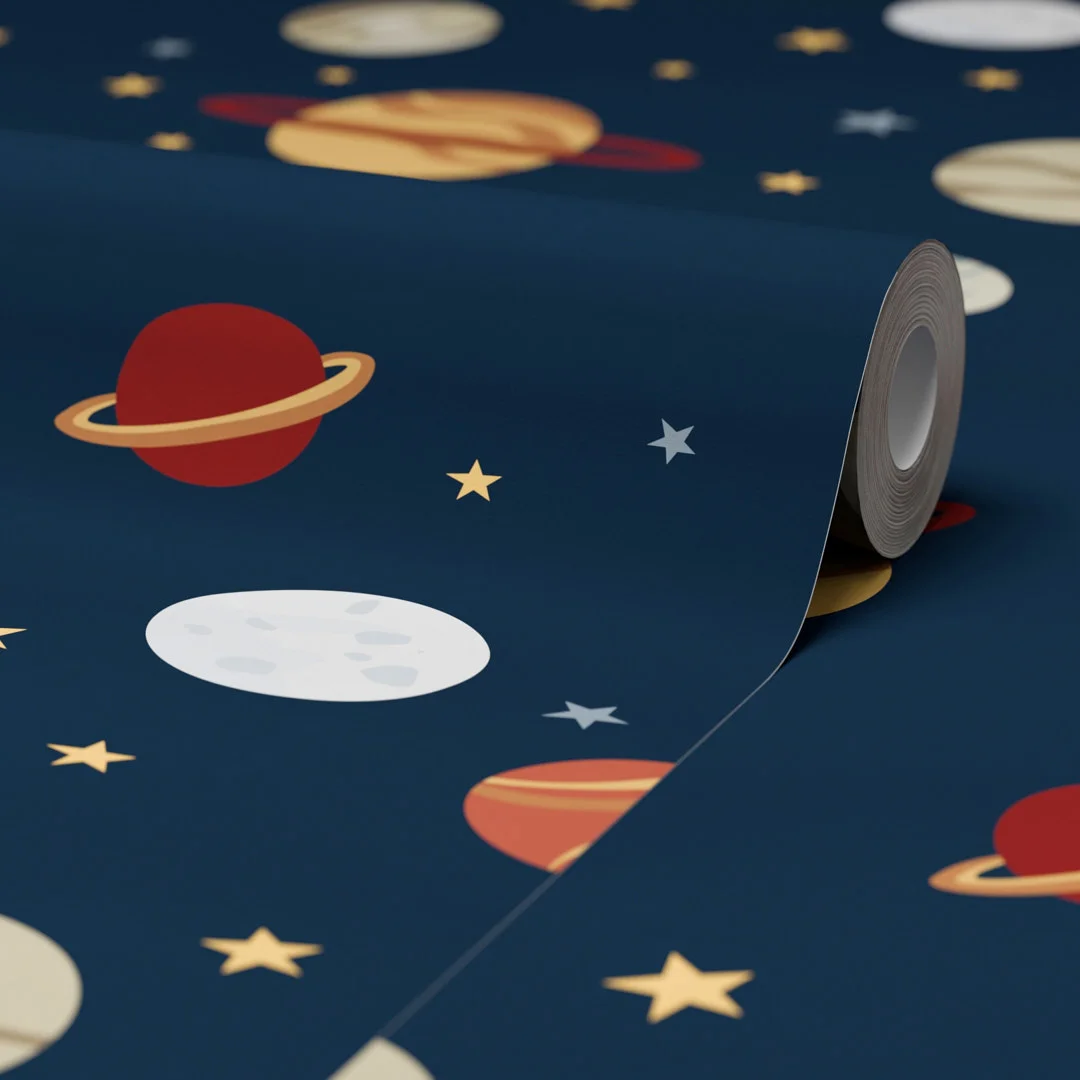 Playful Universe Wallpaper in Warm Tones on Navy - Image 4
