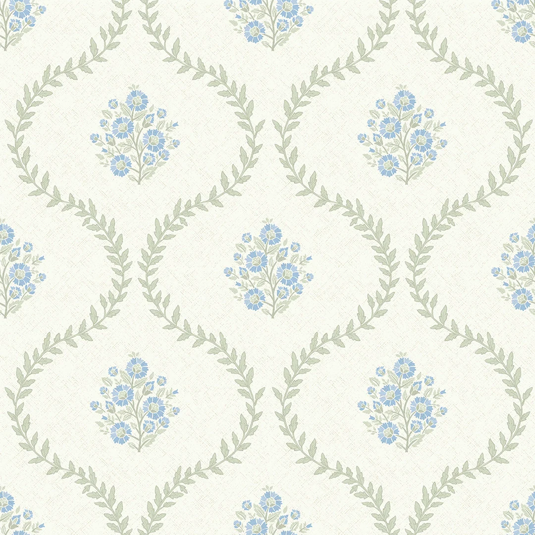 Posy Trellis Wallpaper in Blue and Sage on Cream