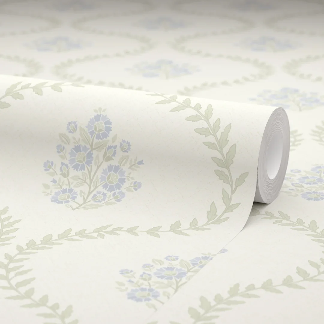 Posy Trellis Wallpaper in Blue and Sage on Cream - Image 2