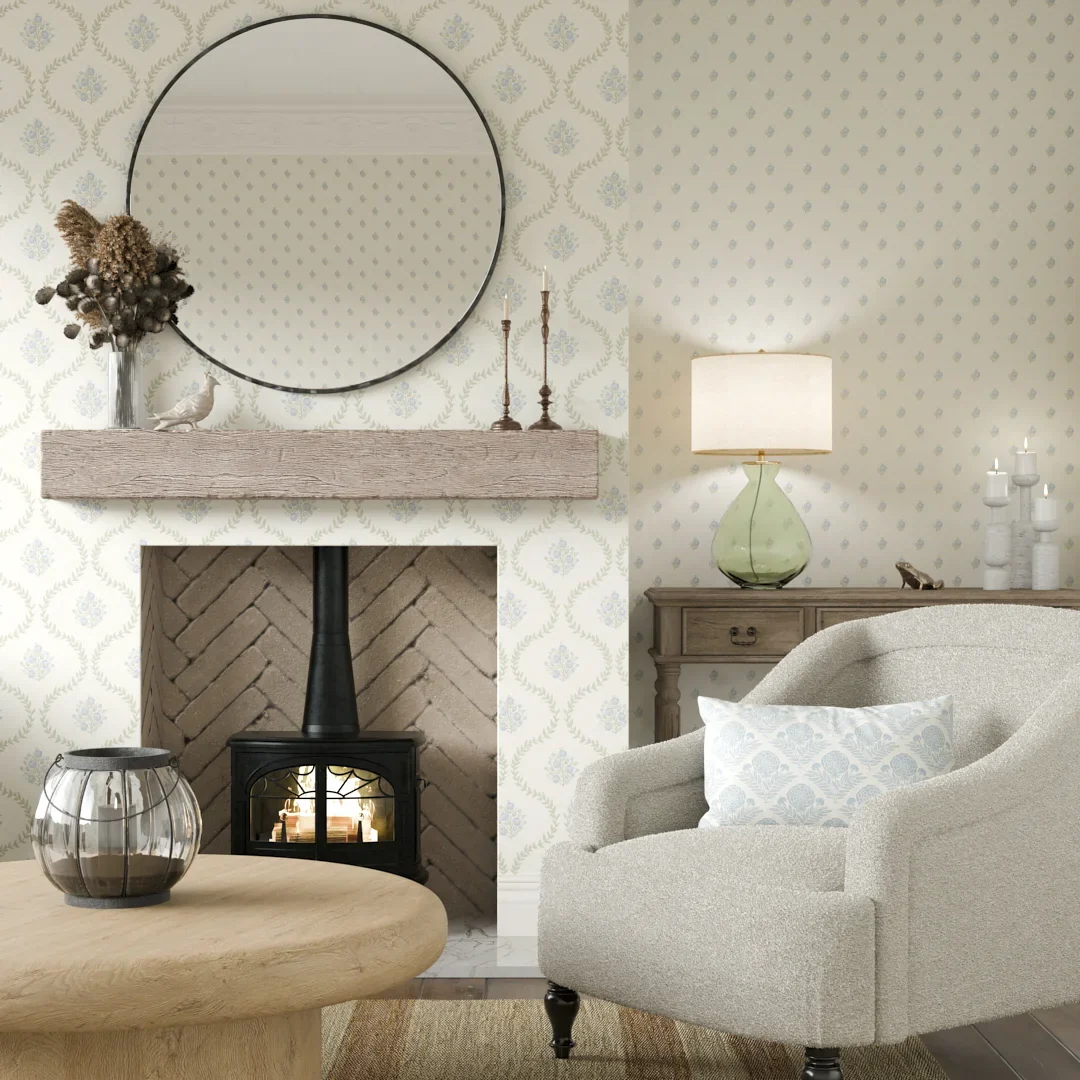 Posy Trellis Wallpaper in Blue and Sage on Cream - Image 3